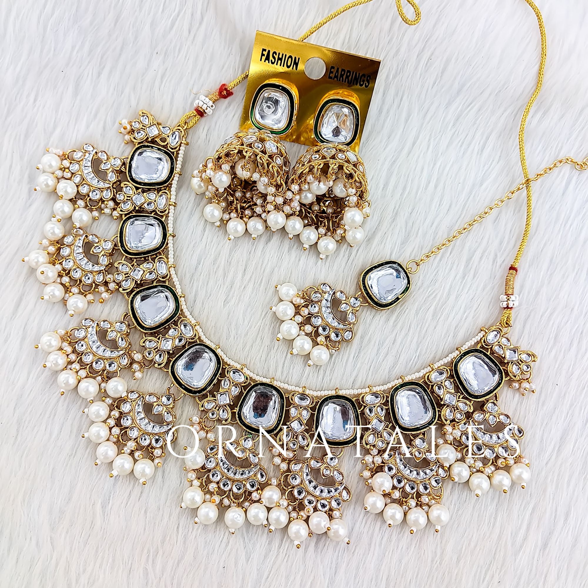 White Pearl Kundan Necklace Set featuring Chandbali layered design with kundan stones and pearl accents – bridal & festive jewellery – Ornatales