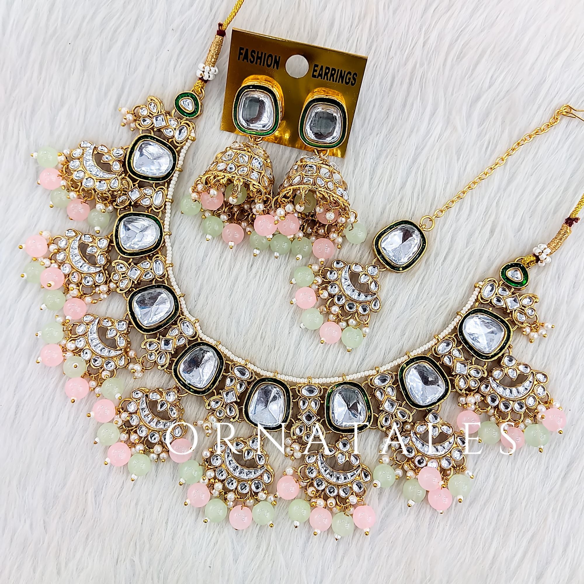 Pink & Mint Pearl Kundan Necklace Set featuring Chandbali layered design with kundan stones and dual pastel pearls – bridal & festive jewellery – Ornatales