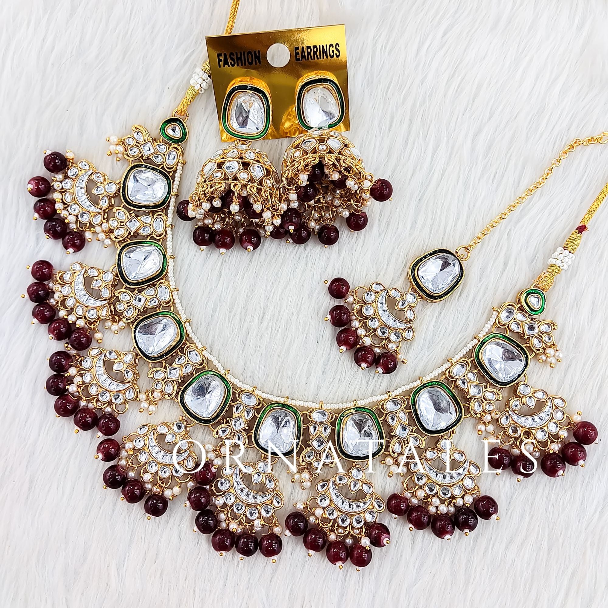 Maroon Pearl Kundan Necklace Set featuring Chandbali layered design with kundan stones and dual pearl layers – royal bridal jewellery – Ornatales