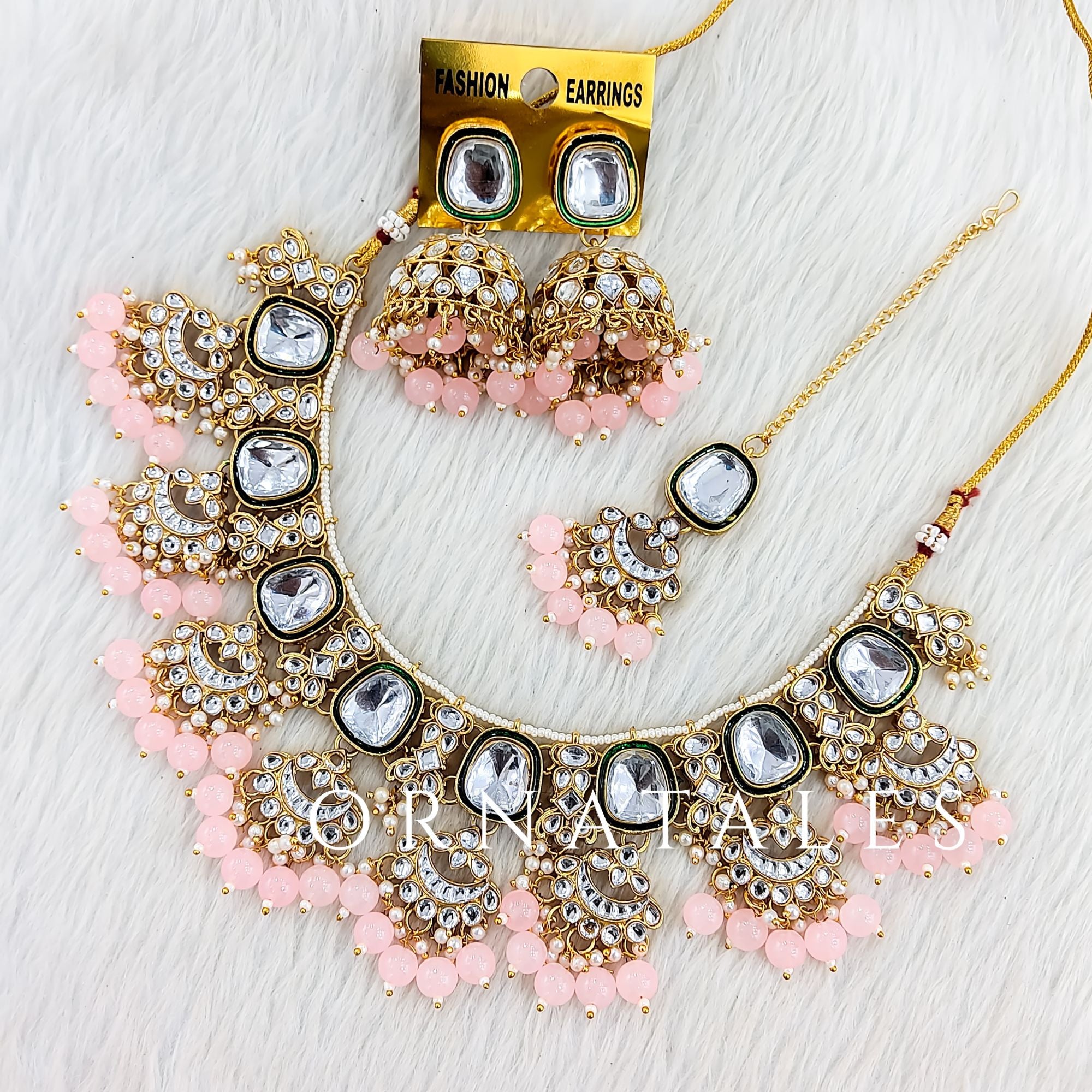 Soft Pink Pearl Kundan Necklace Set with Chandbali layered design and pearl accents – bridal & festive jewellery – Ornatales