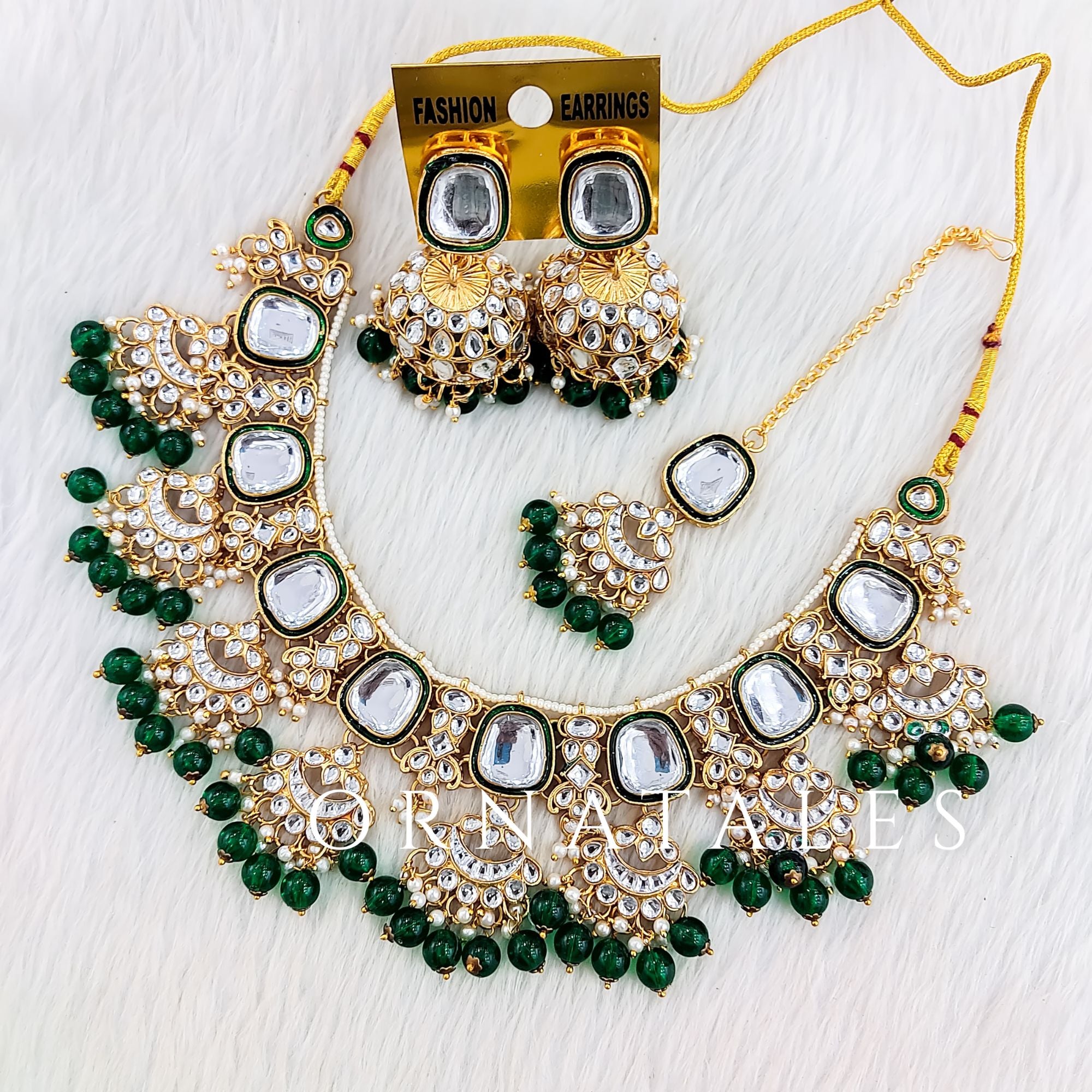 Emerald green Kundan Necklace Set with Chandbali layered design and pearl detailing – bridal kundan jewellery – Ornatales