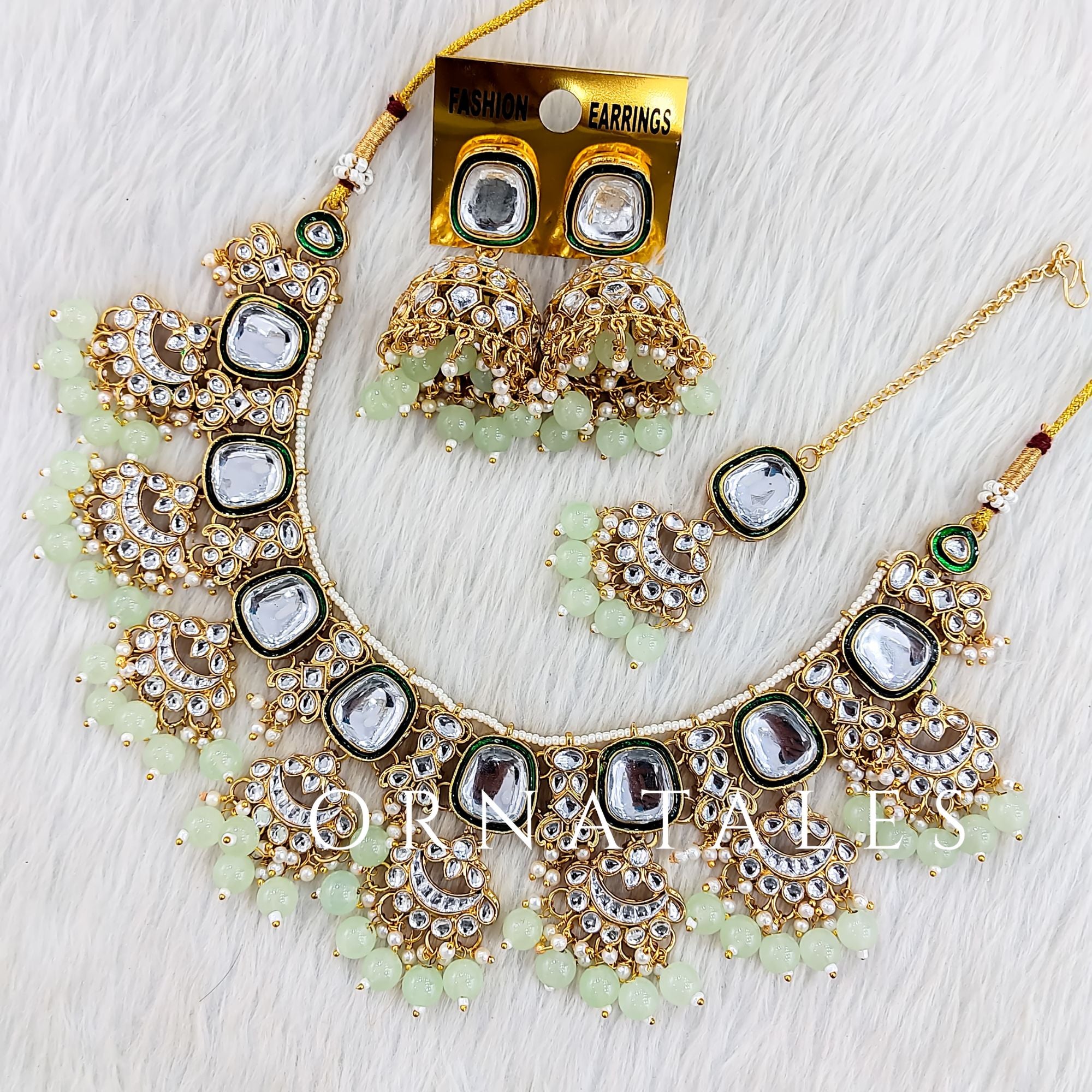 Mint Pearl Kundan Necklace Set featuring Chandbali layered design with kundan stones and pearl accents – bridal & festive jewellery – Ornatales