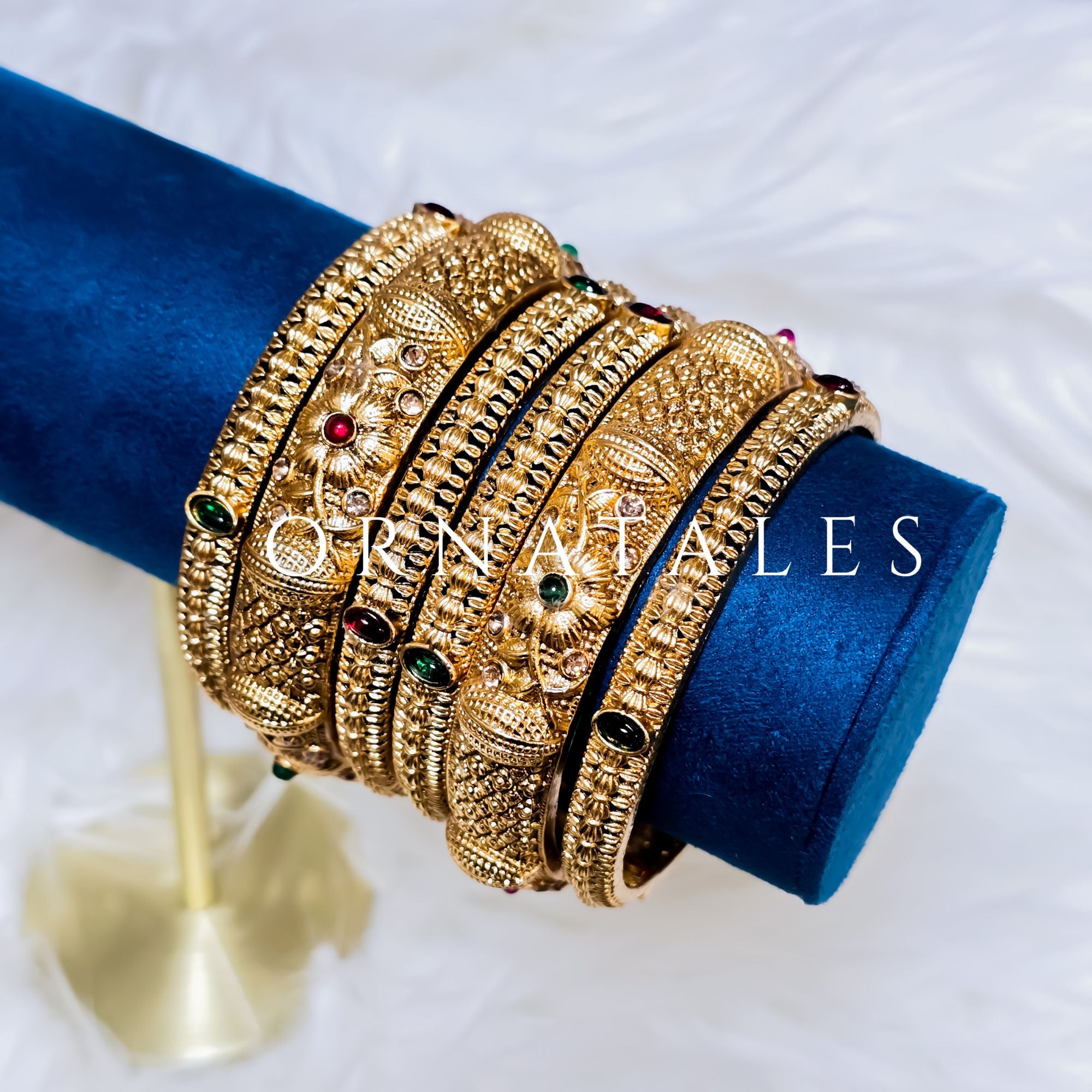 Matte Gold South Indian Bangles featuring Temple Motif with Ruby & Emerald Stones – Perfect for Heritage & Antique Look – Ornatales