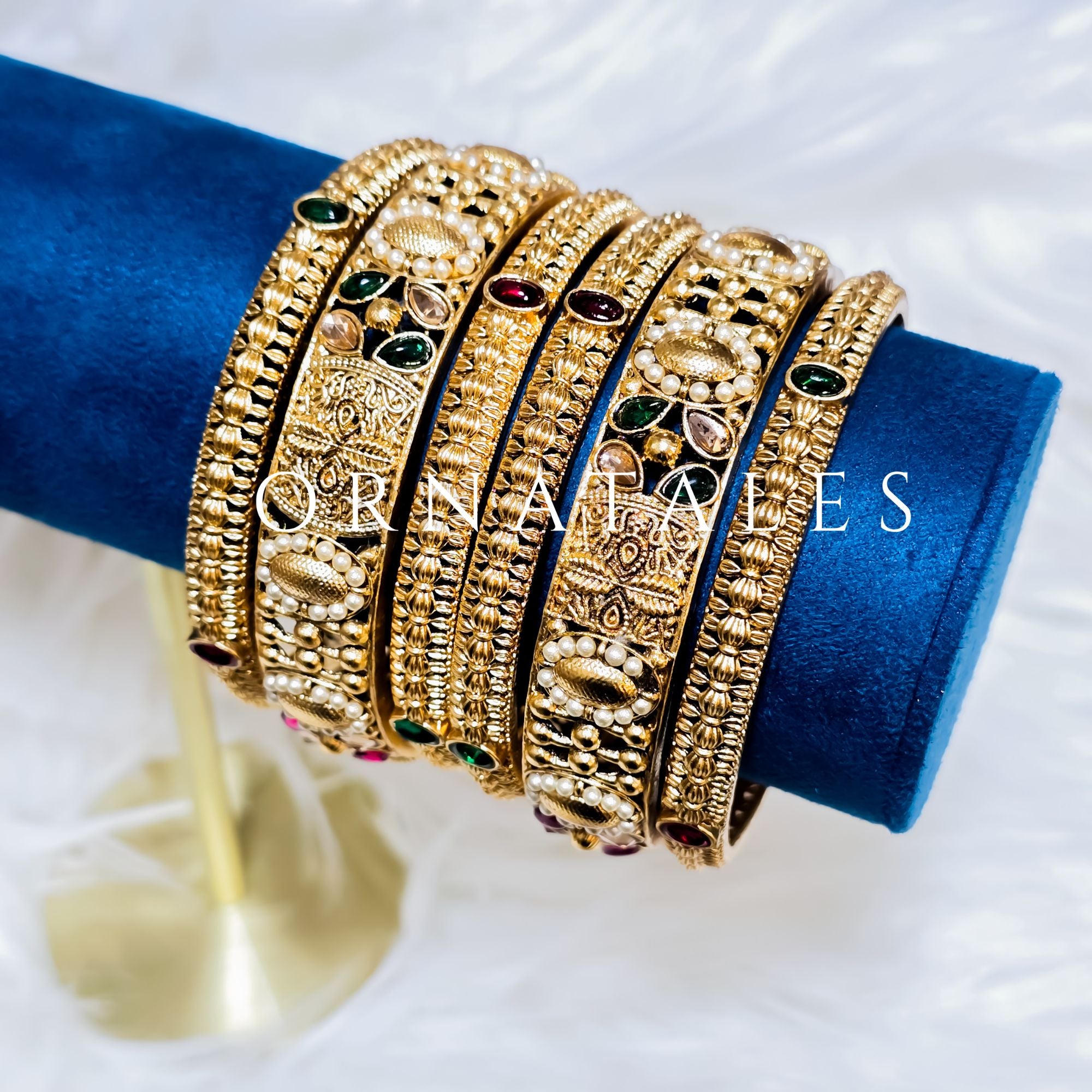 Matte Gold South Indian Bangles with Ruby, Emerald & Onyx Stones – Festive Multicolor Heritage Design – Ornatales