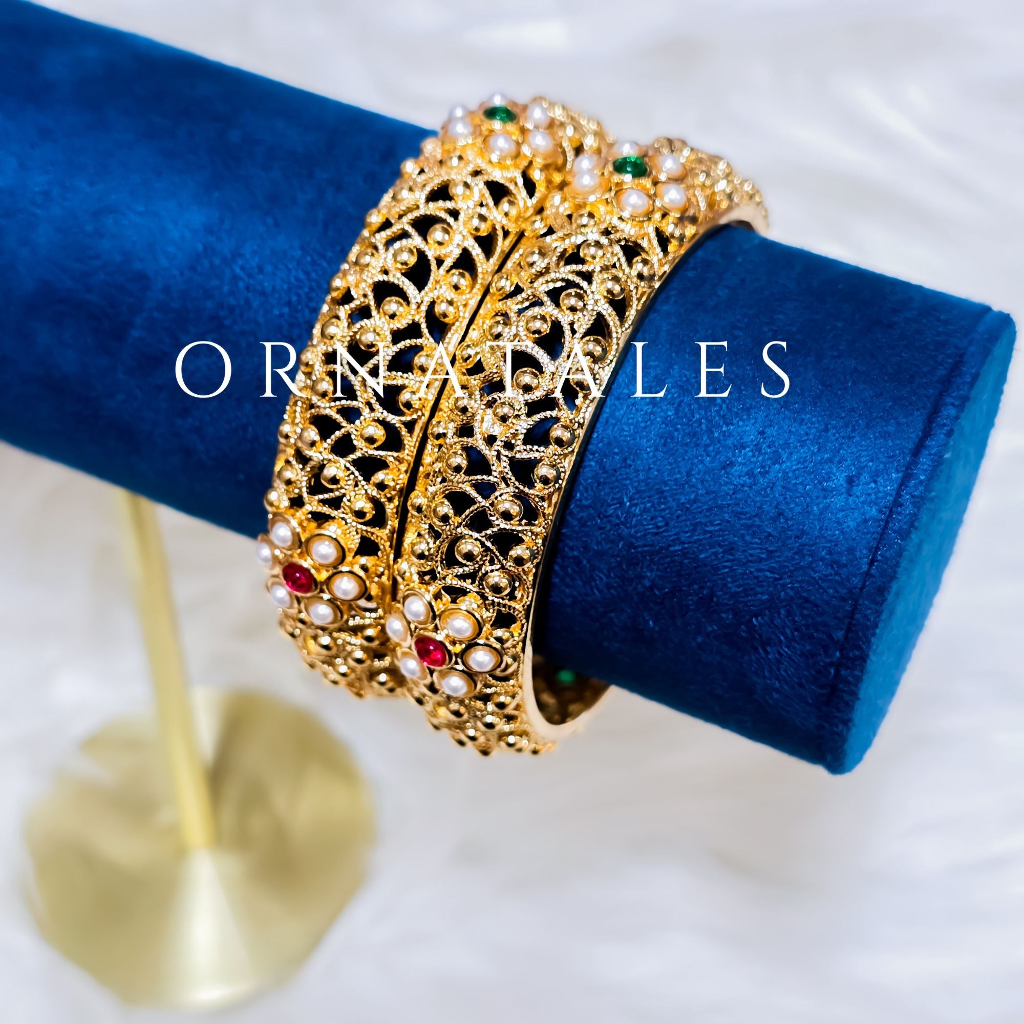 Matte Gold South Indian Bangles featuring Pearl and Ruby-Emerald Stones with Filigree Lattice Design – Perfect for Bridal Elegance – Ornatales