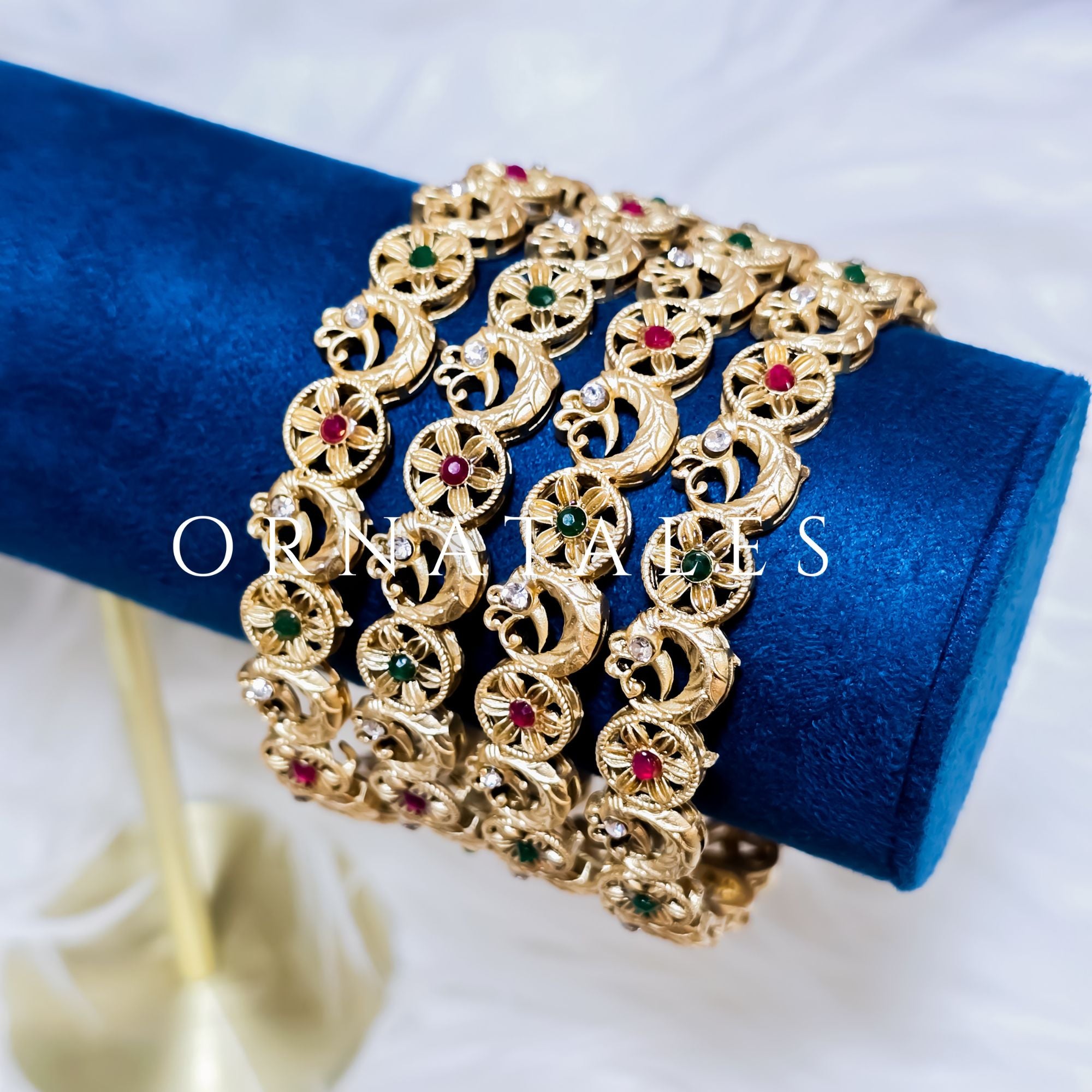 Matte Gold South Indian Bangles featuring Hand-Carved Peacock Motifs with Ruby & Emerald Enamel – Temple-Inspired Heritage Design – Ornatales