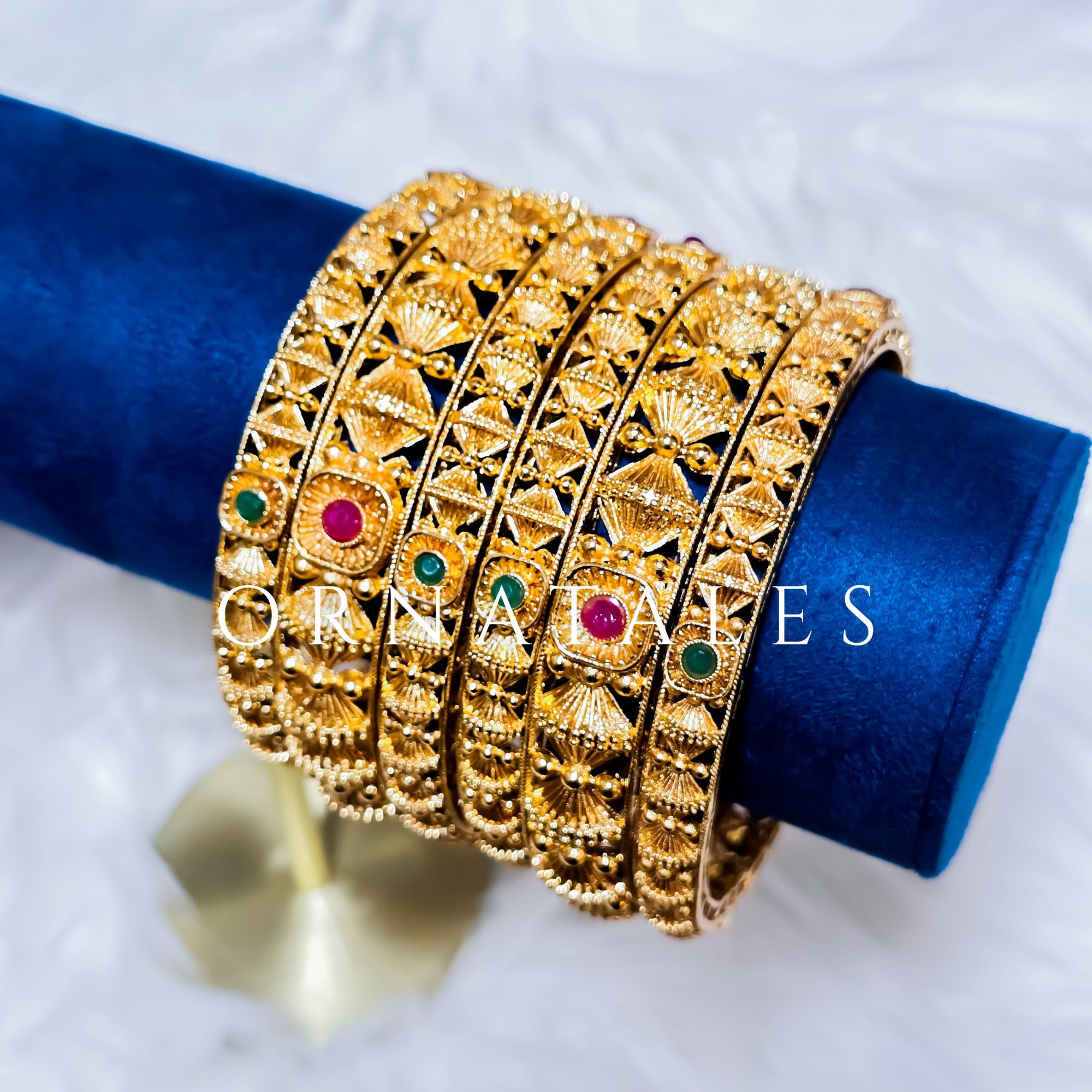 Matte Gold South Indian Bangles featuring Ruby & Emerald Lotus Motifs with Intricate Carving – Royal Heritage Bridal Design – Ornatales
