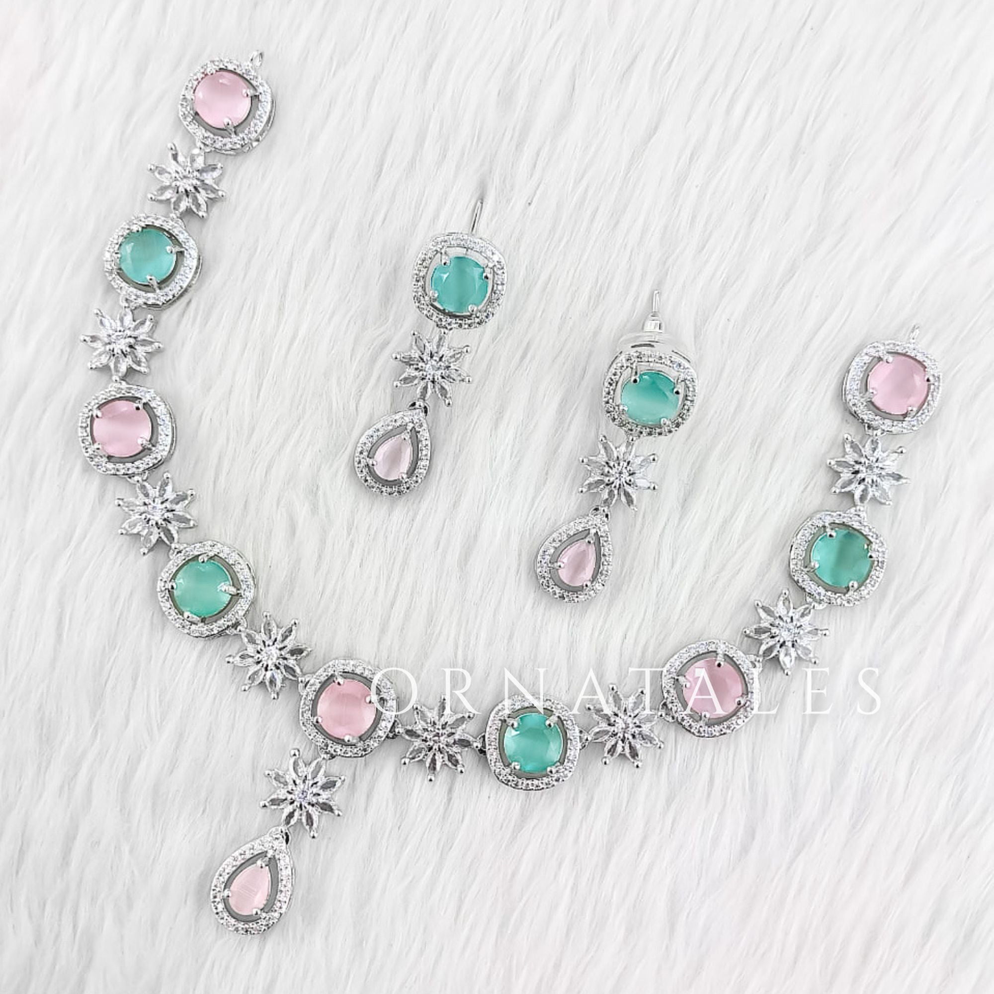 Pink and Mint Diamond Cut Necklace Set with starburst motif and teardrop accents – Ornatales
