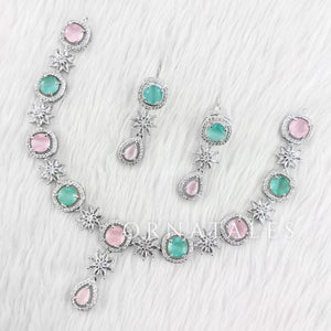 Pink and Mint Diamond Cut Necklace Set with starburst motif and teardrop accents – Ornatales