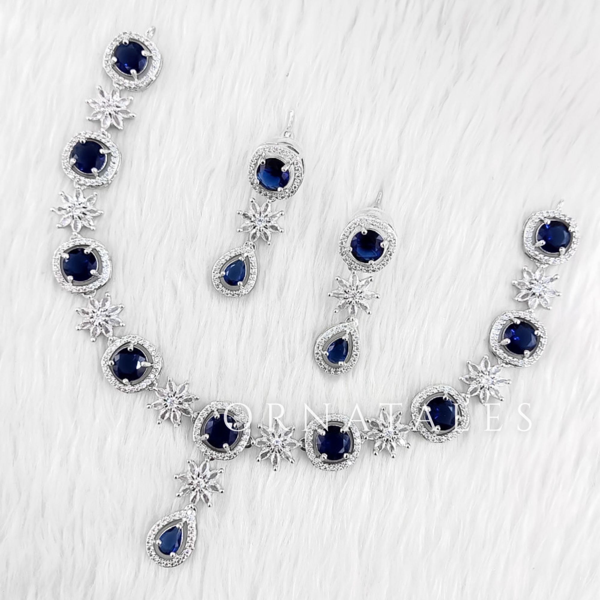 Royal Blue Diamond Cut Necklace Set with starburst motif and teardrop accents – Ornatales