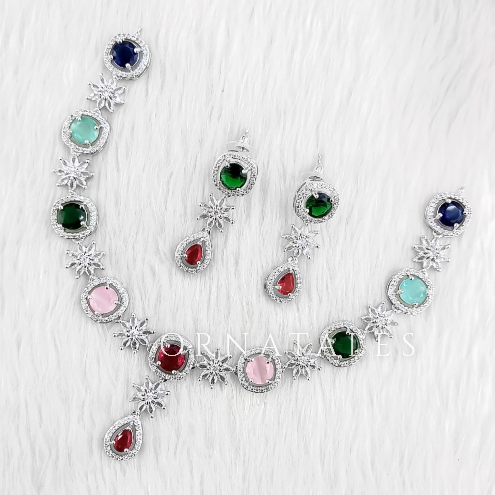 Multicolor Diamond Cut Necklace Set with starburst motif and teardrop accent – Ornatales