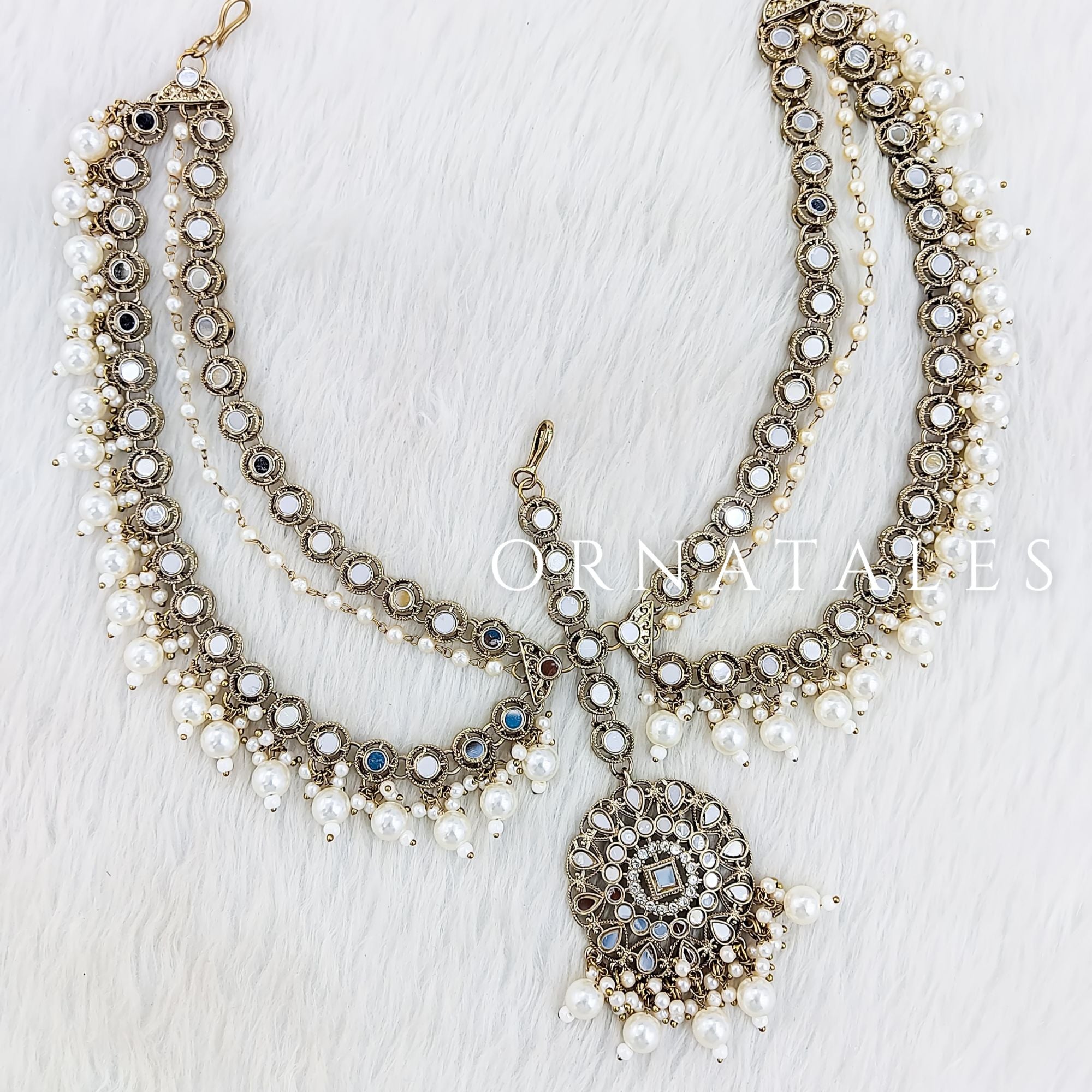 Pakistani Mirror Work Pearl Mathapatti with layered mirrors, seed pearls, and Multani-style tikli – Ornatales