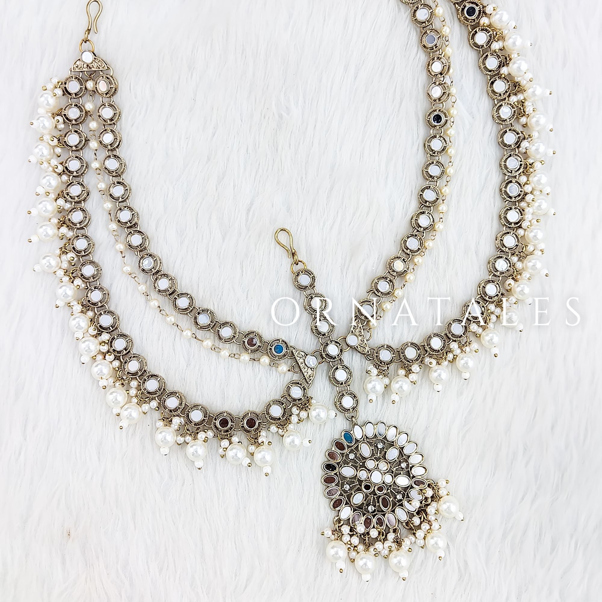 Pakistani Mirror Work Pearl Mathapatti with layered mirrors, seed pearls, and Multani-style tikli – Ornatales