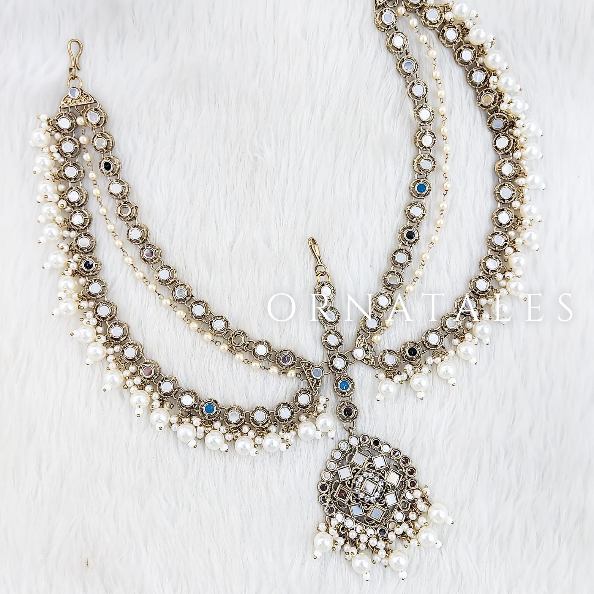 Pakistani Mirror Work Pearl Mathapatti with layered mirrors, seed pearls, and Multani-style tikli – Ornatales
