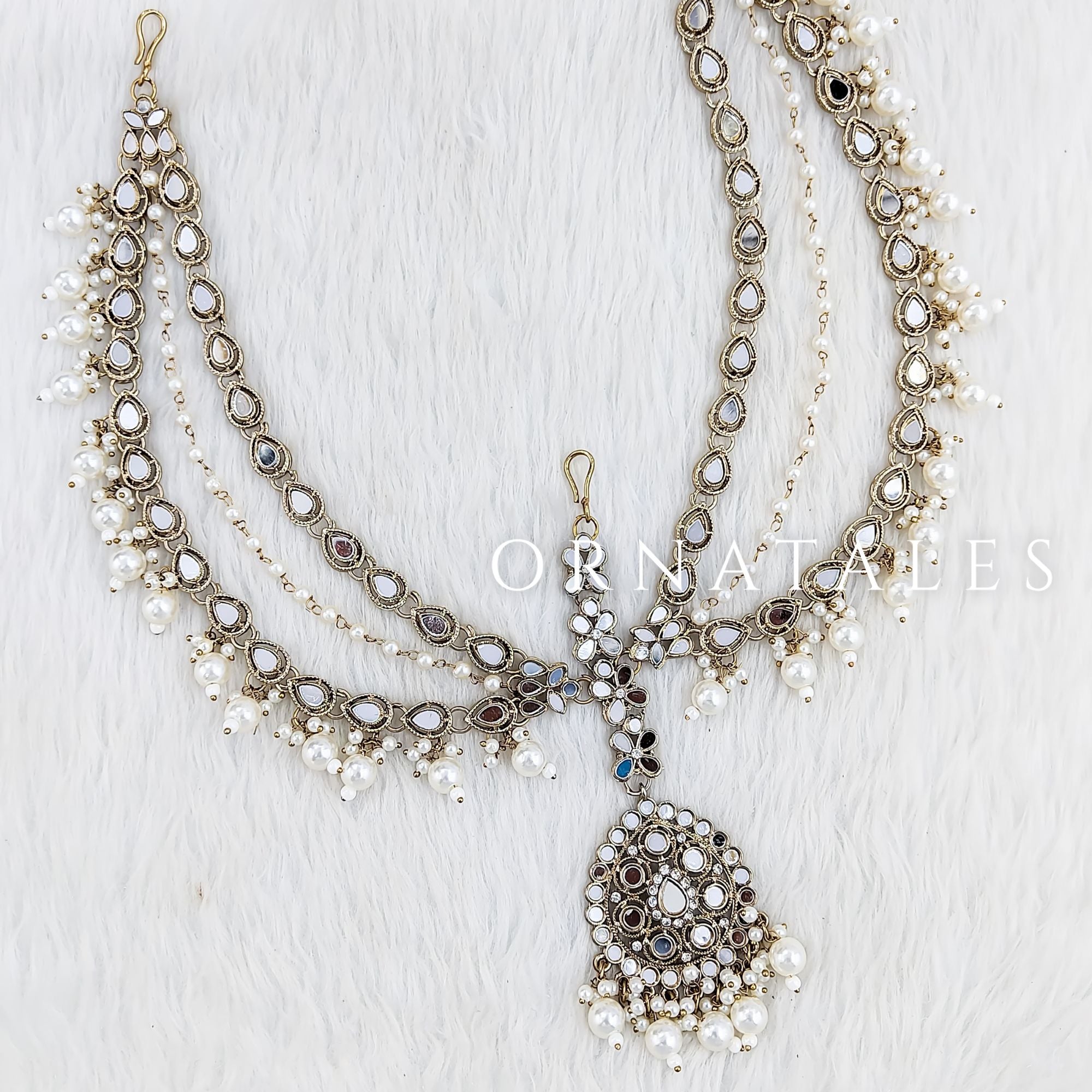 Pakistani Mirror Work Pearl Mathapatti with layered mirrors, seed pearls, and Multani-style tikli – Ornatales