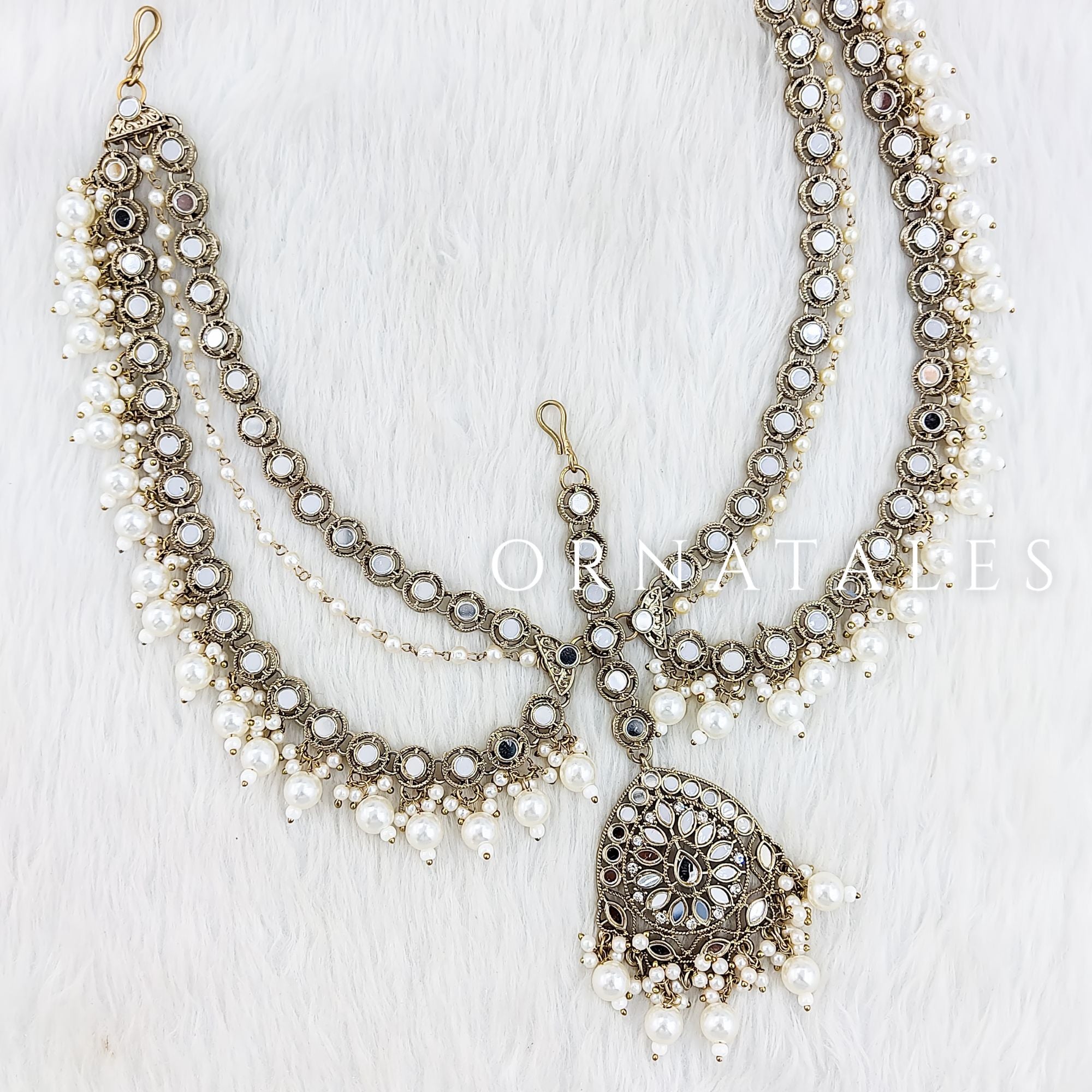 Pakistani Mirror Work Pearl Mathapatti with layered mirrors, seed pearls, and Multani-style tikli – Ornatales