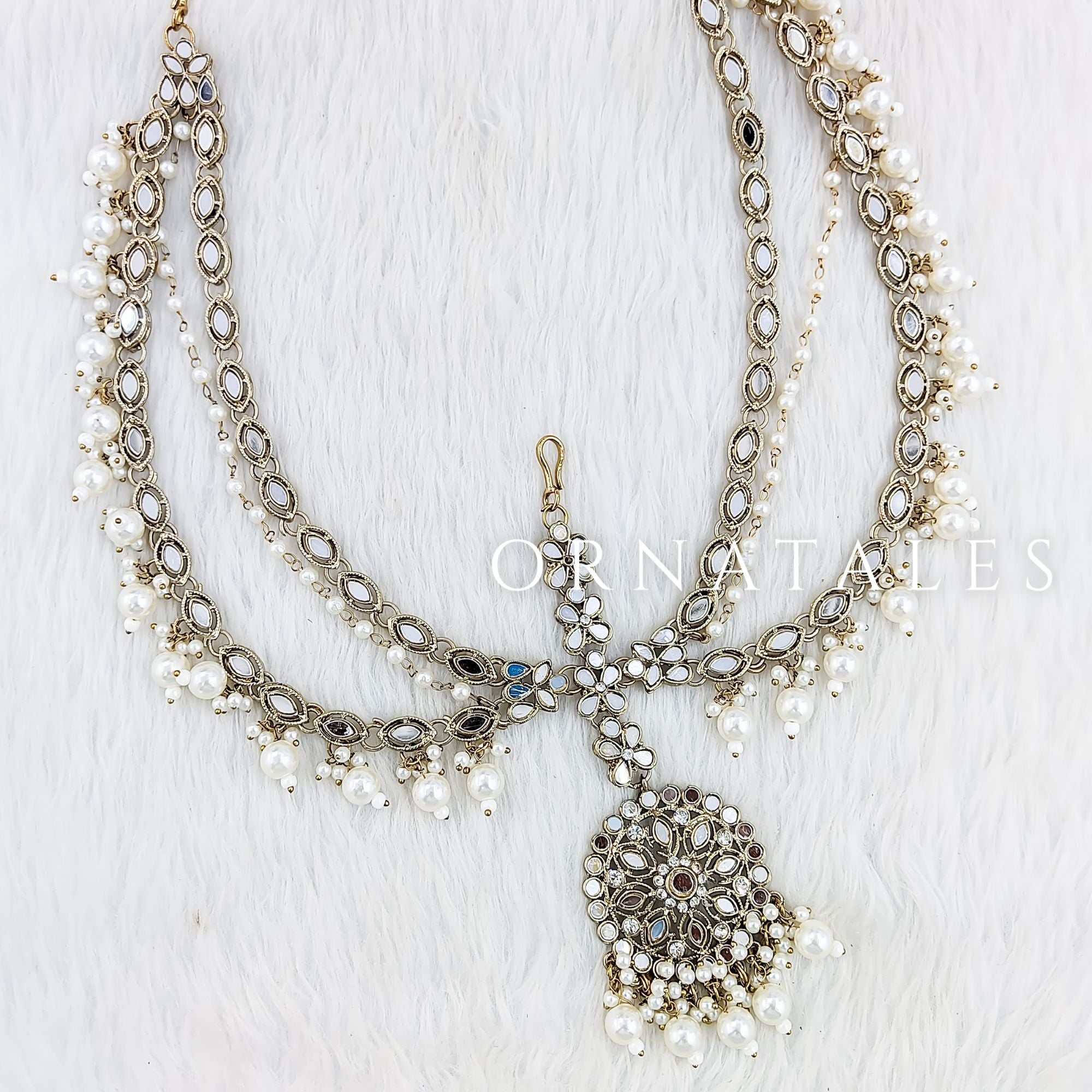 Pakistani Mirror Work Pearl Mathapatti with layered mirrors, seed pearls, and Multani-style tikli – Ornatales