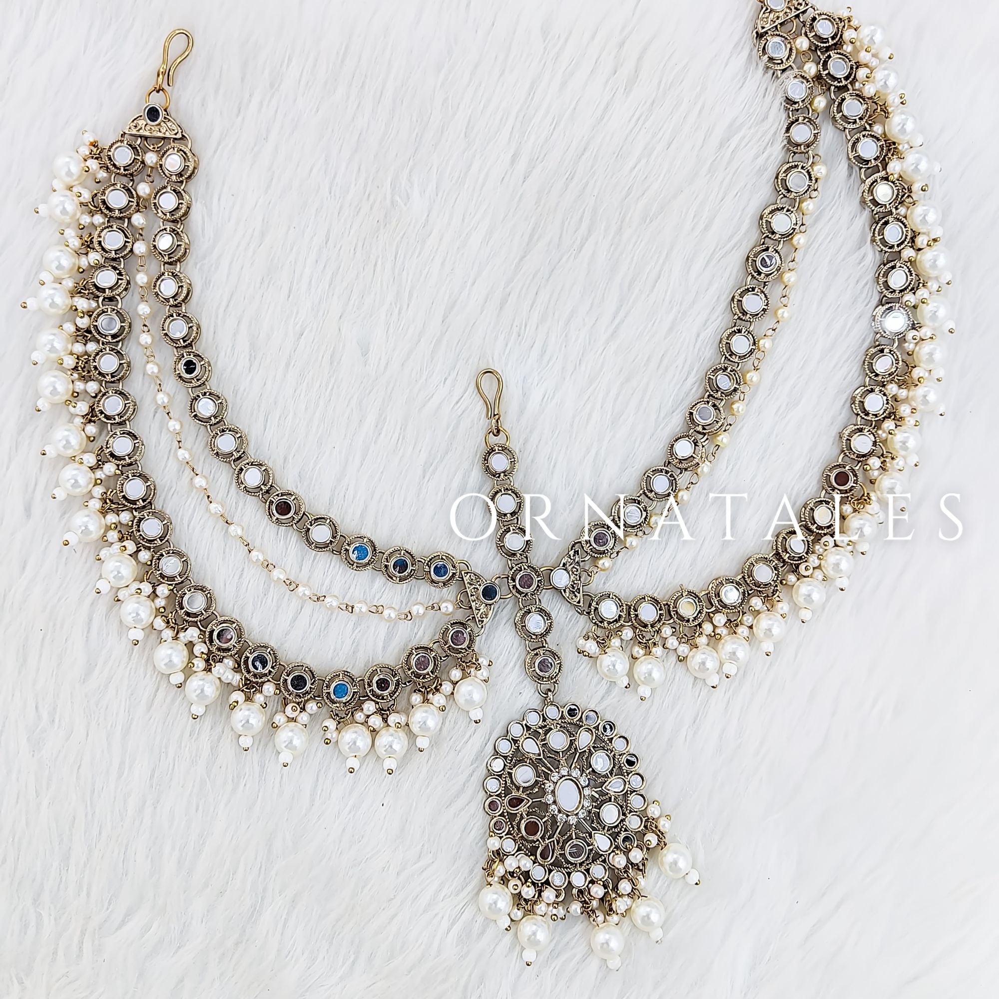 Pakistani Mirror Work Pearl Mathapatti with layered mirrors, seed pearls, and Multani-style tikli – Ornatales