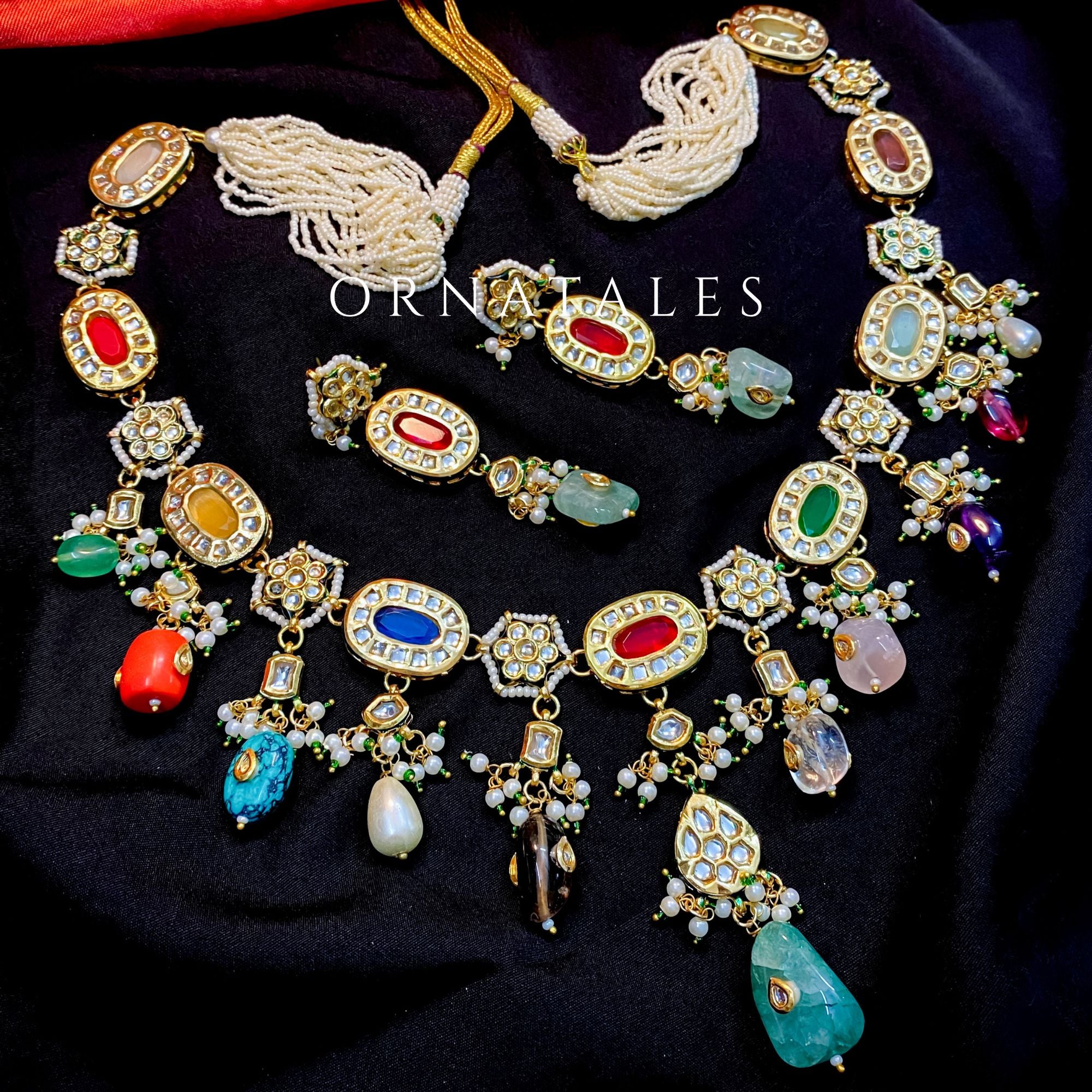 Multicolor Kundan Necklace Set with royal heritage design featuring oval and drop-shaped multicolor stones, antique gold kundan frames, and meenakari detailing – Ornatales