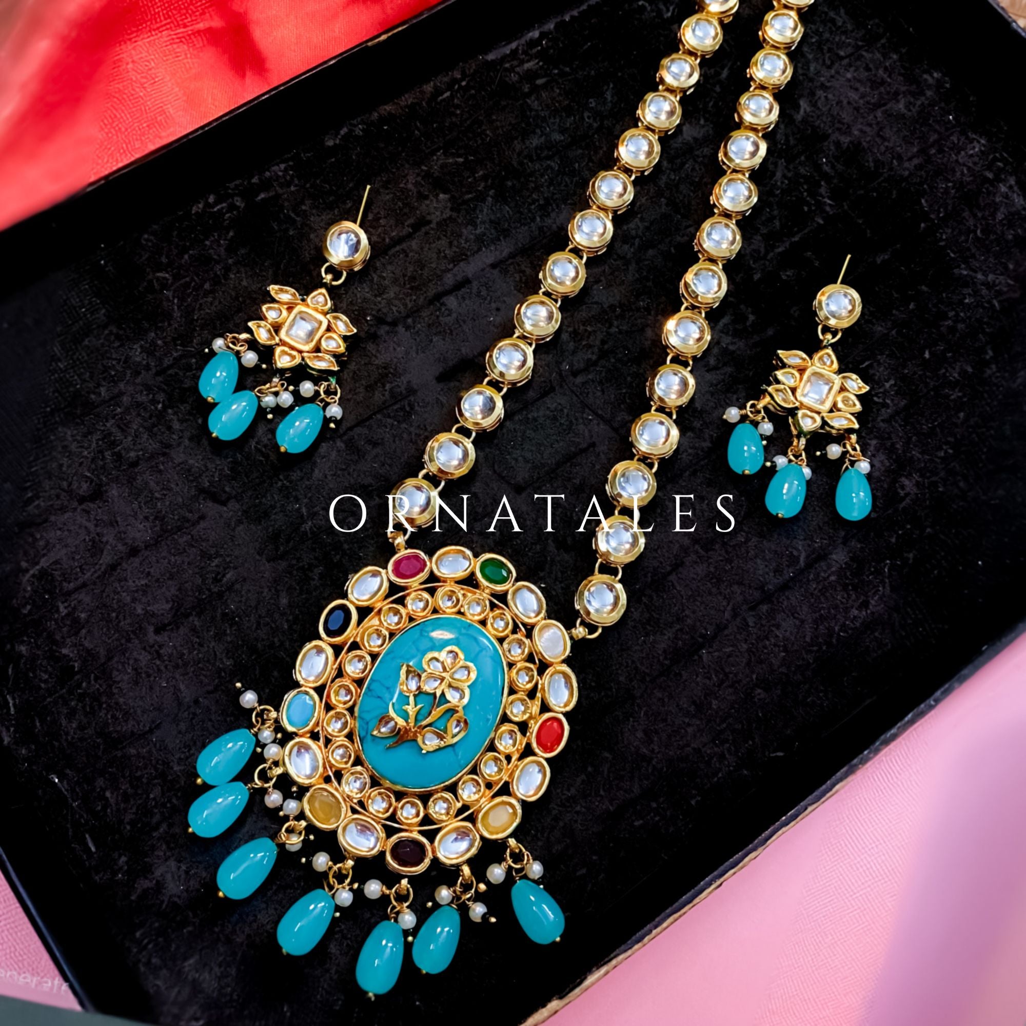 Turquoise Kundan Sita necklace with floral motif pendant, teardrop beads, and meenakari detailing – statement bridal jewelry – Ornatales
