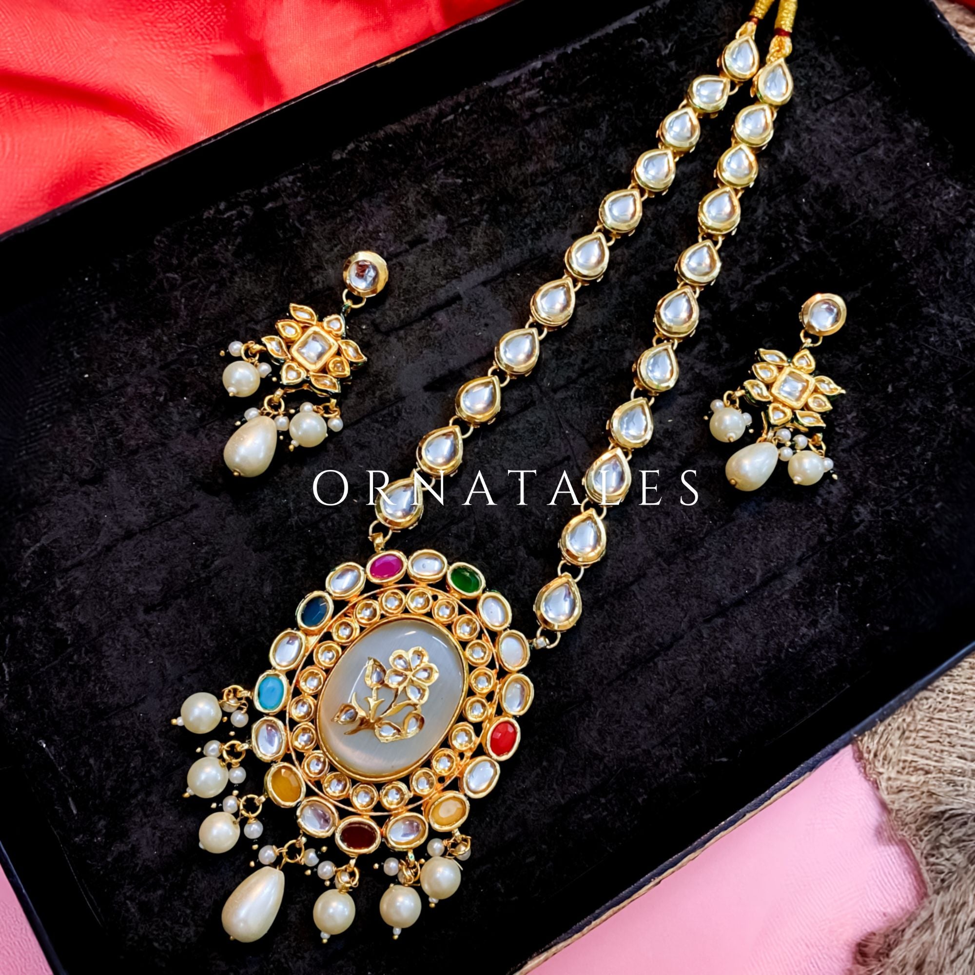 Off white Kundan Sita necklace with floral motif pendant, teardrop beads, and meenakari backwork – elegant bridal jewelry – Ornatales