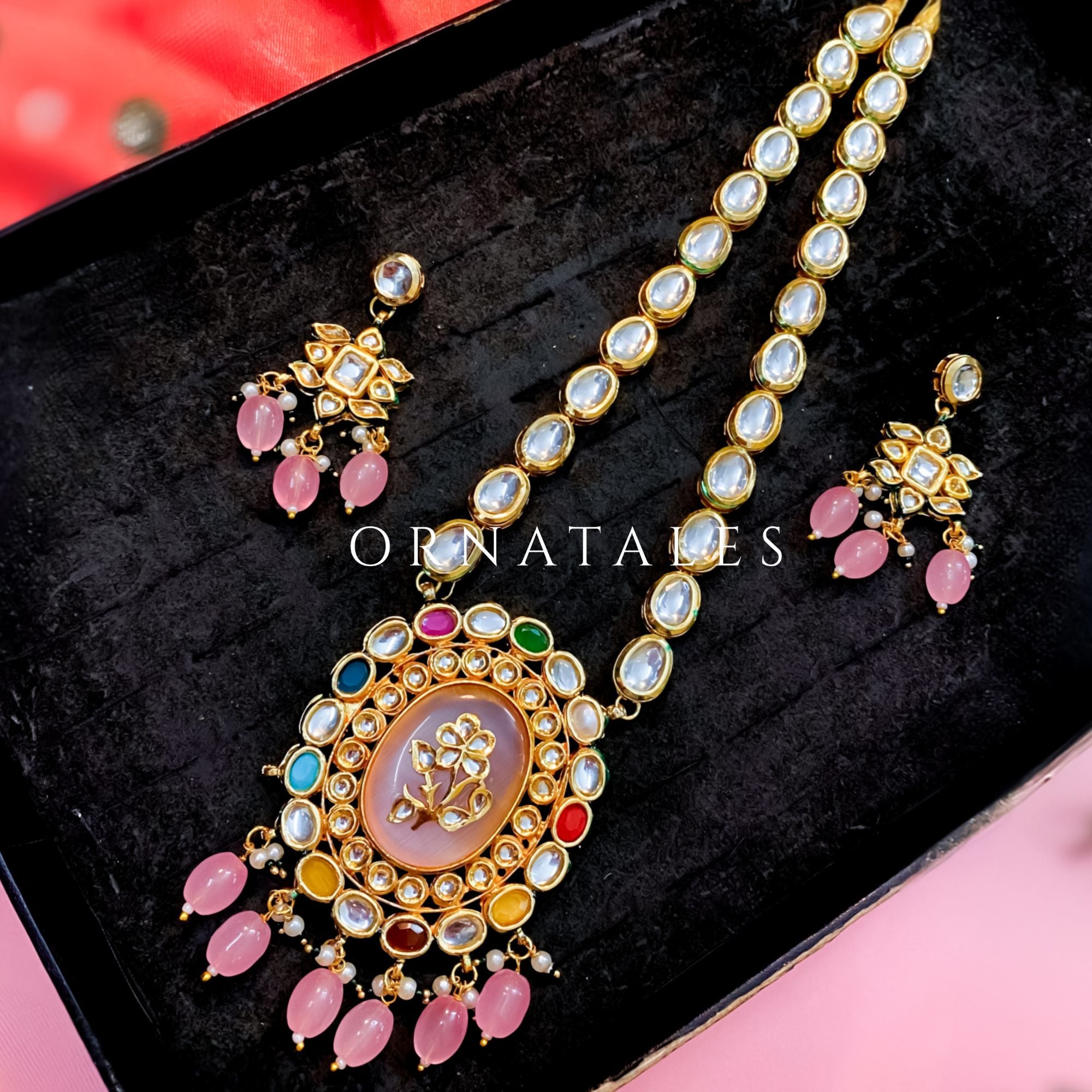Pink Kundan Sita necklace with floral motif pendant, pink teardrop beads, and meenakari backwork – bridal jewelry – Ornatales