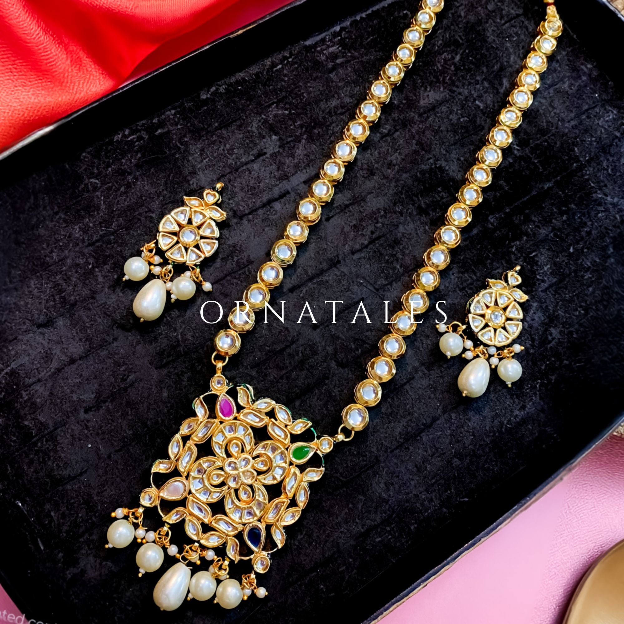 White Pearl Kundan Sita Necklace with lotus bloom pendant, polki kundan layers, and pearl droplets – Ornatales