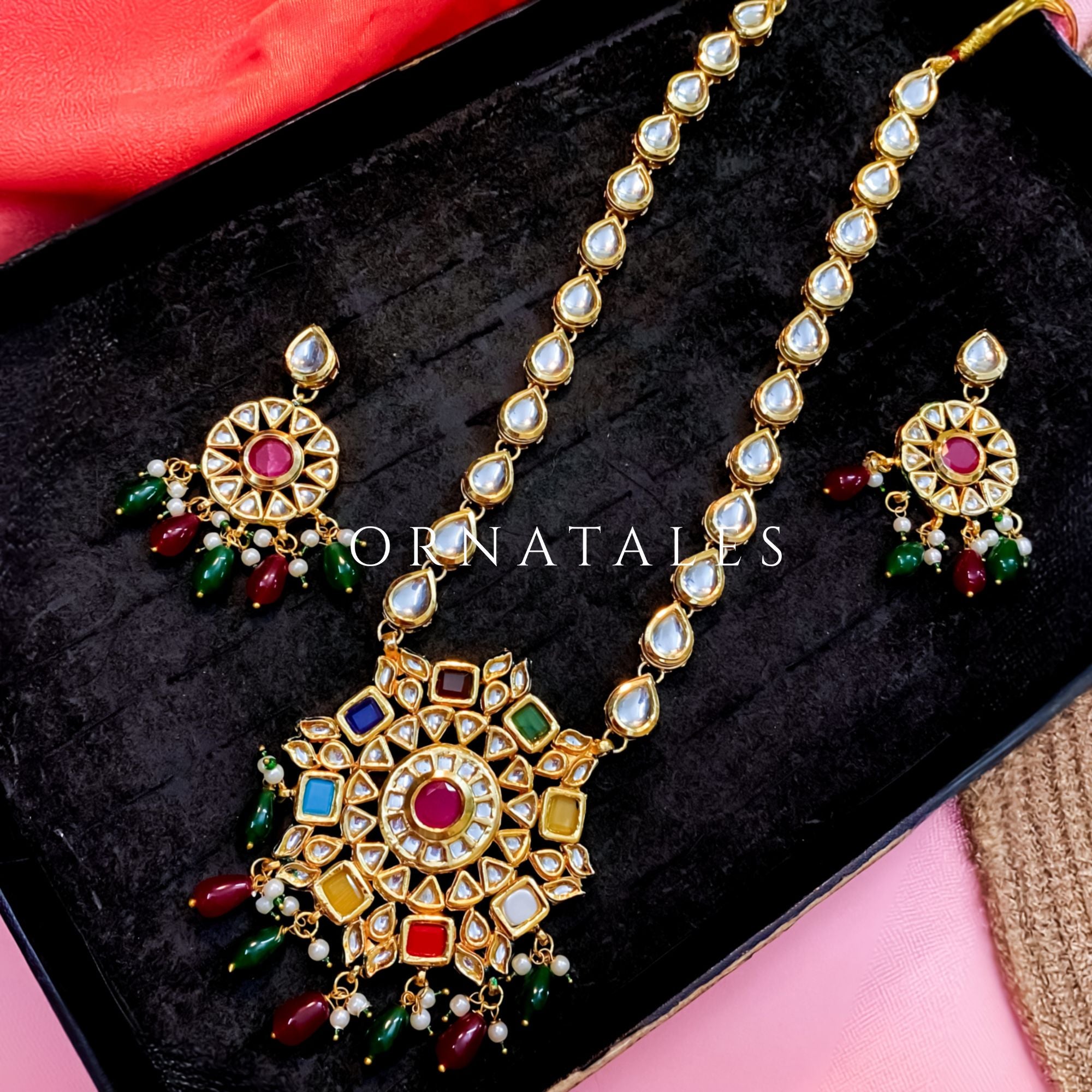 Multicolor Kundan Necklace with ruby center, maroon and emerald bead danglers, and meenakari backwork – Ornatales