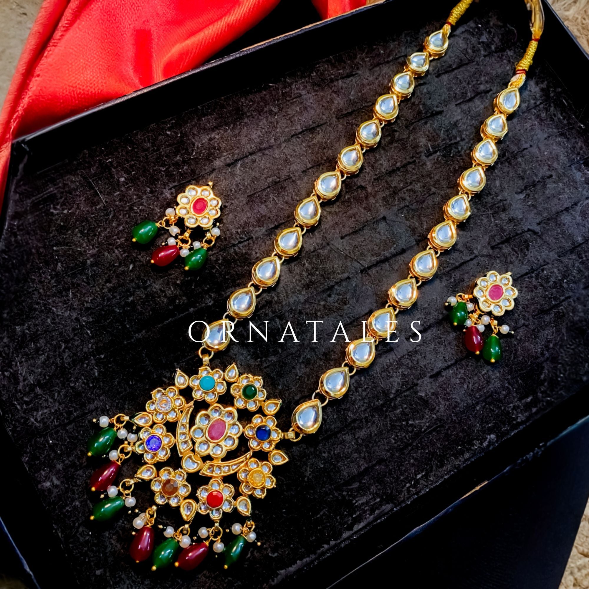 Multicolor Navratna Kundan Sita necklace with ruby medallion, green and red bead hangings, and meenakari detailing – Ornatales
