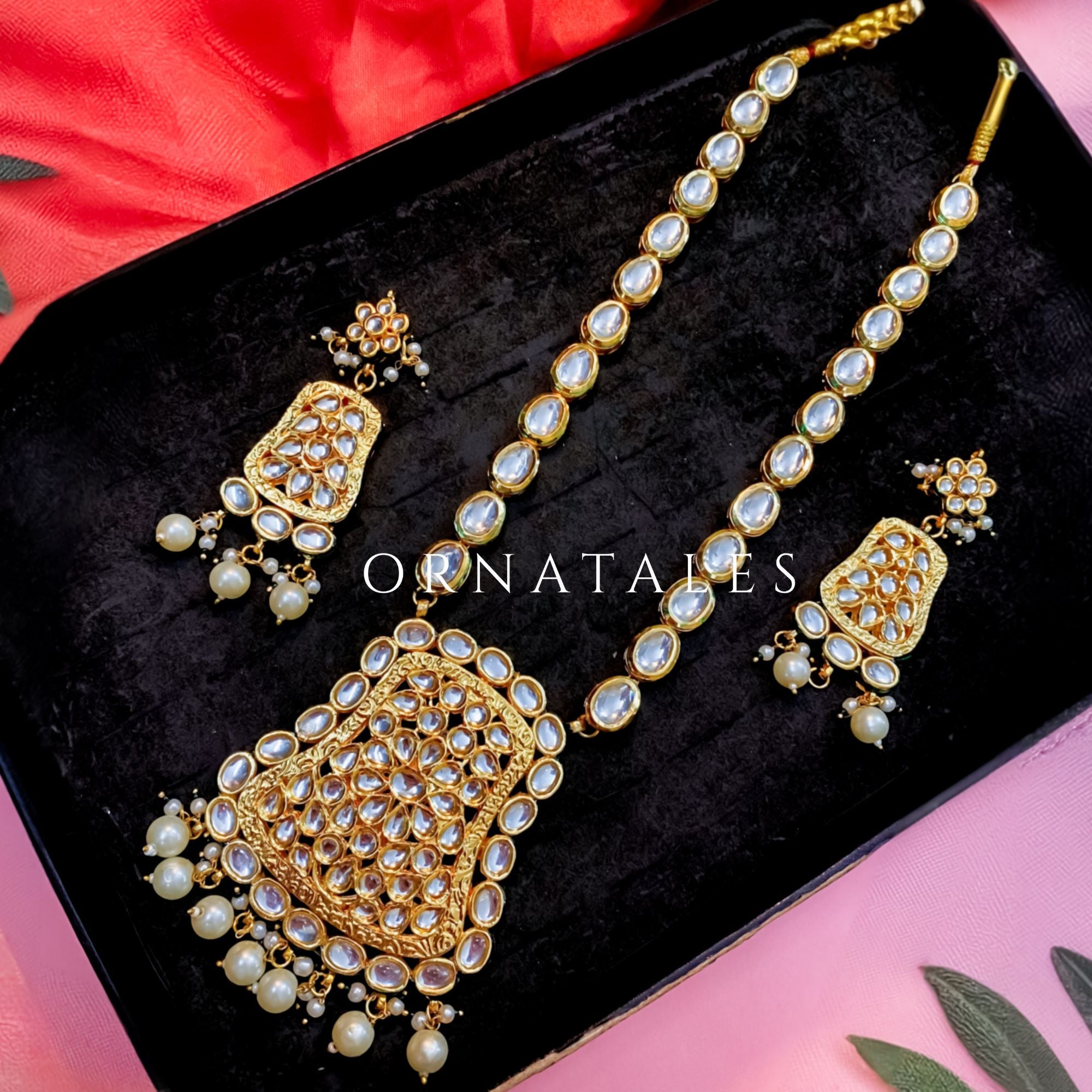 White Pearl Kundan Sita necklace with royal dome pendant, layered kundan work, and hanging pearls – perfect bridal jewelry – Ornatales