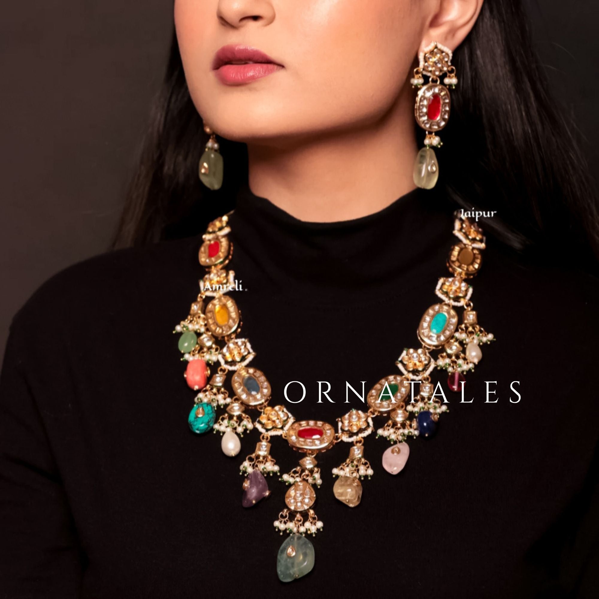 Multicolor Kundan Necklace Set with royal heritage design featuring oval and drop-shaped multicolor stones, antique gold kundan frames, and meenakari detailing – Ornatales