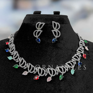 Multicolor Diamond Cut Necklace Set with wave-like looping structure and droplet stones – matching earrings – Ornatales