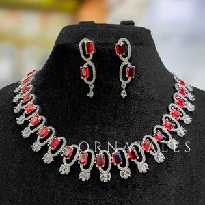Ruby Red Diamond Cut Necklace Set featuring rectangular block stones and twin diamond clusters – Ornatales