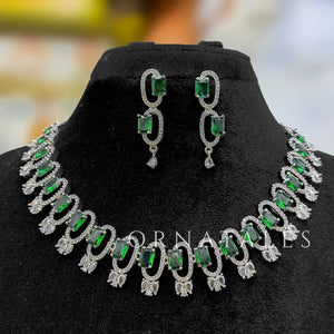Emerald Green Diamond Cut Necklace Set featuring rectangular block stones with twin diamond clusters – Ornatales