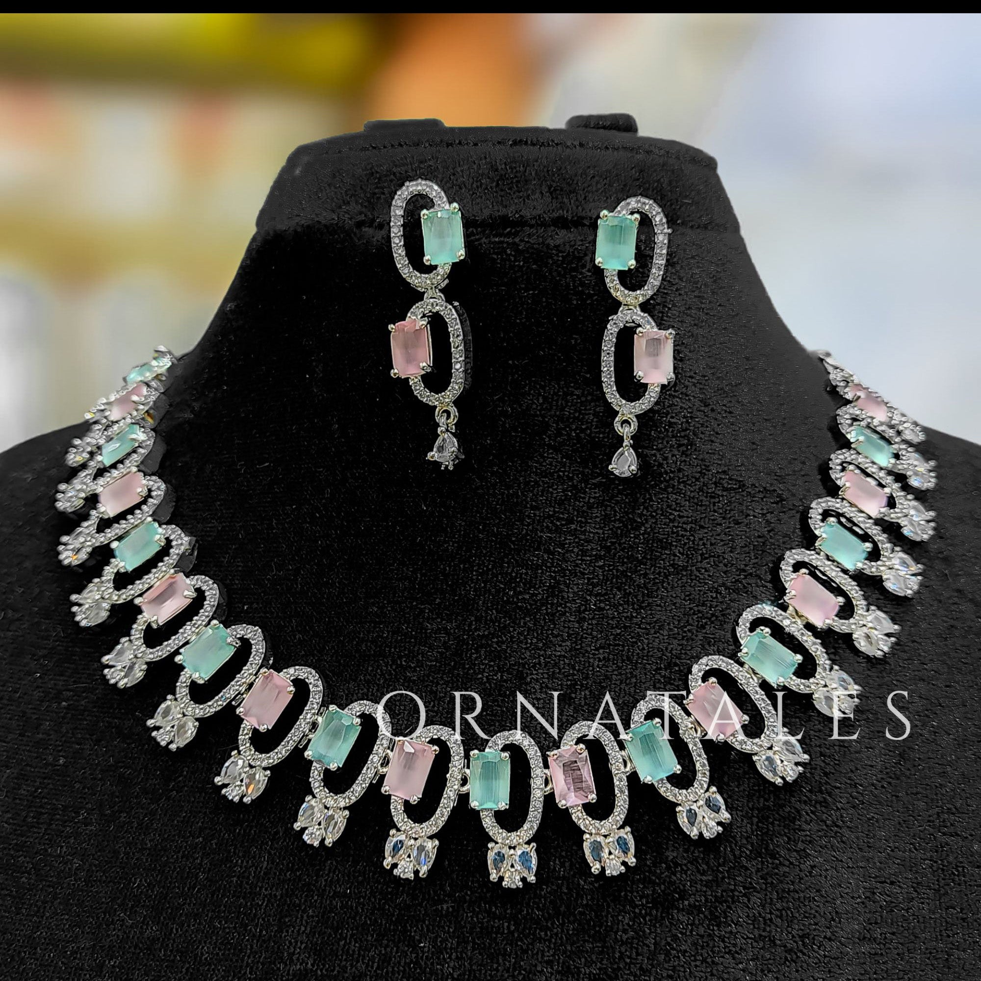 Pink & Mint Diamond Cut Necklace Set featuring rectangular block stones with twin diamond clusters – Ornatales