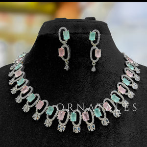 Pink & Mint Diamond Cut Necklace Set featuring rectangular block stones with twin diamond clusters – Ornatales