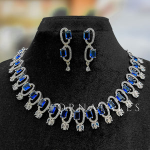 Royal Blue Diamond Cut Necklace Set featuring rectangular block stones with twin diamond clusters – Ornatales