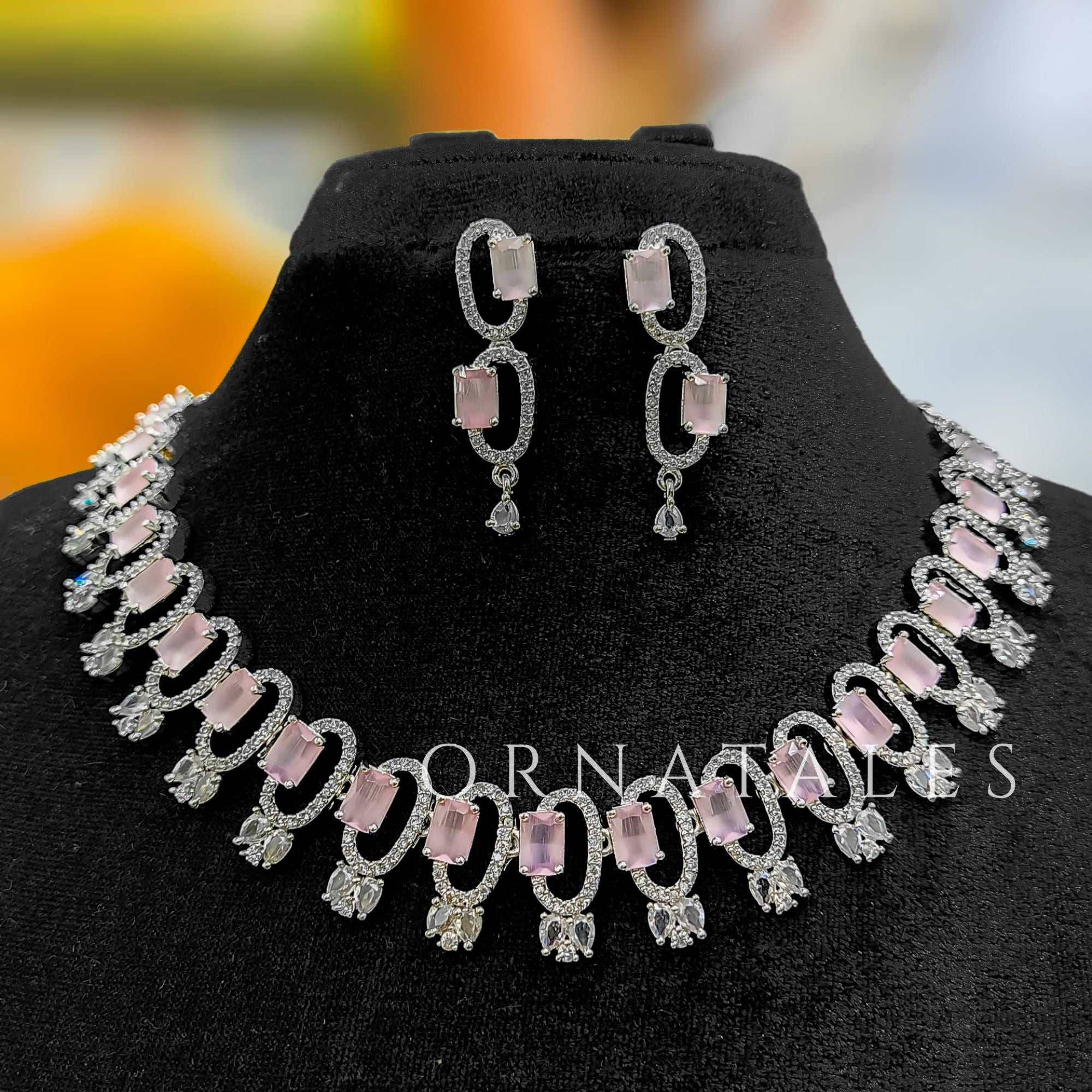 Pink Diamond Cut Necklace Set featuring rectangular block stones with twin diamond clusters – Ornatales