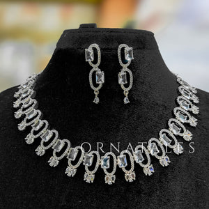 Crystal White Diamond Cut Necklace Set featuring rectangular block stones and twin diamond clusters – Ornatales