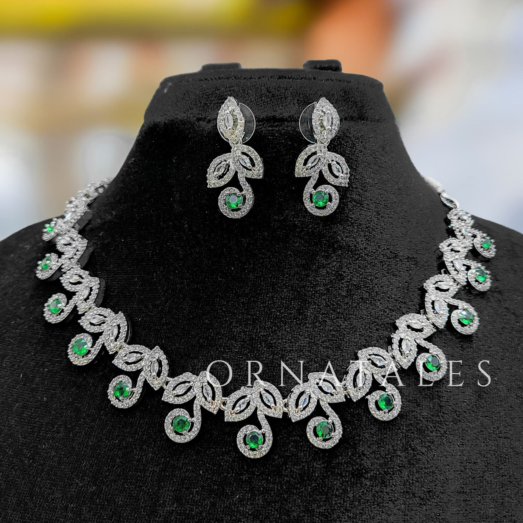 Emerald Green Diamond Cut Necklace Set featuring Classic Bloom Cluster design with floral-inspired clustered motifs and diamond halos – Perfect for Bridal & Festive Look – Ornatales