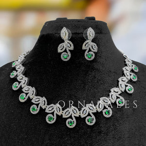 Emerald Green Diamond Cut Necklace Set featuring Classic Bloom Cluster design with floral-inspired clustered motifs and diamond halos – Perfect for Bridal & Festive Look – Ornatales