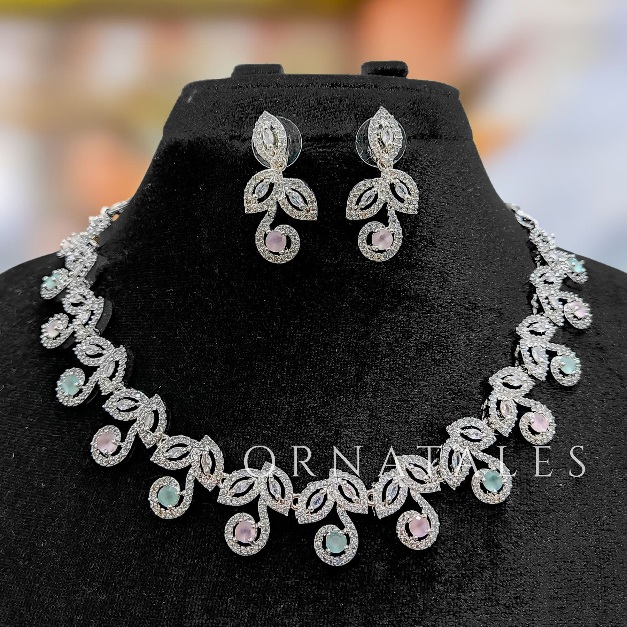 Pink & Mint Diamond Cut Necklace Set featuring Classic Bloom Cluster design with floral-inspired clustered motifs and diamond halos – Perfect for Bridal & Festive Look – Ornatales