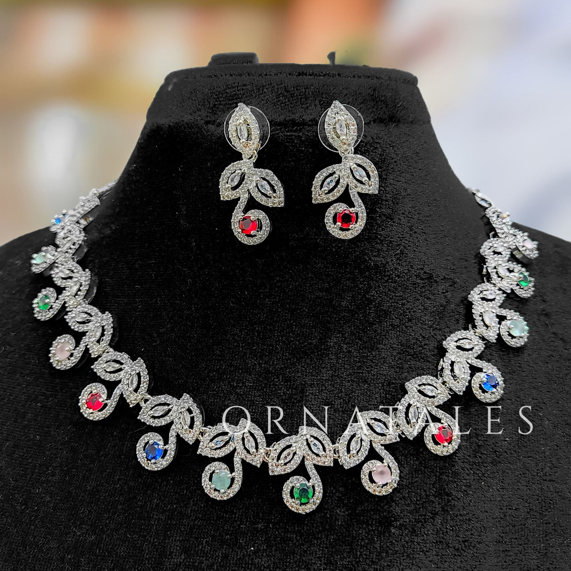 Multicolor Diamond Cut Necklace Set featuring Classic Bloom Cluster design with floral-inspired clustered motifs and diamond halos – Perfect for Bridal & Festive Look – Ornatales