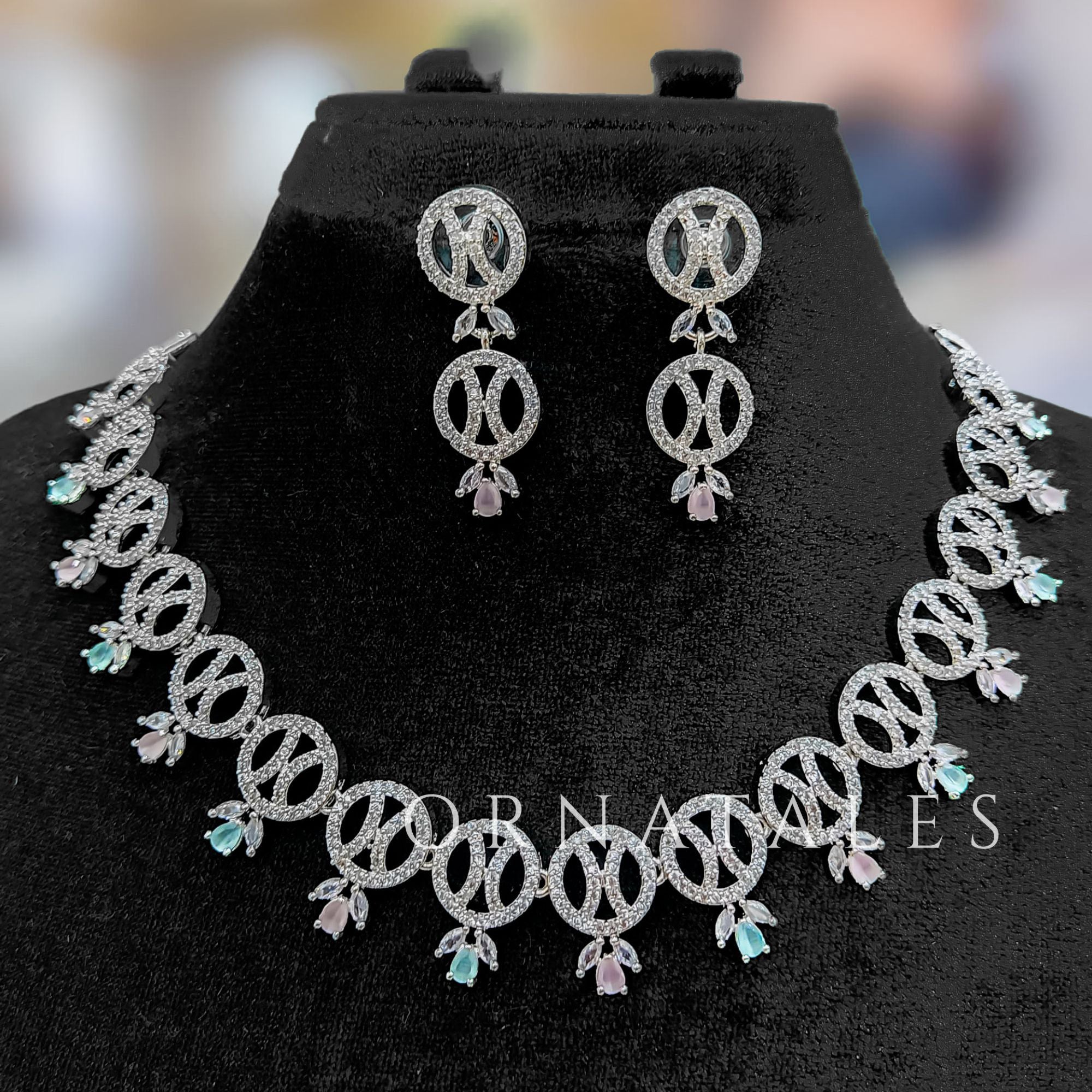 Pink & Mint Diamond Cut Necklace Set with interlinked loops and droplet stones – bridal and festive jewellery with matching earrings – Ornatales