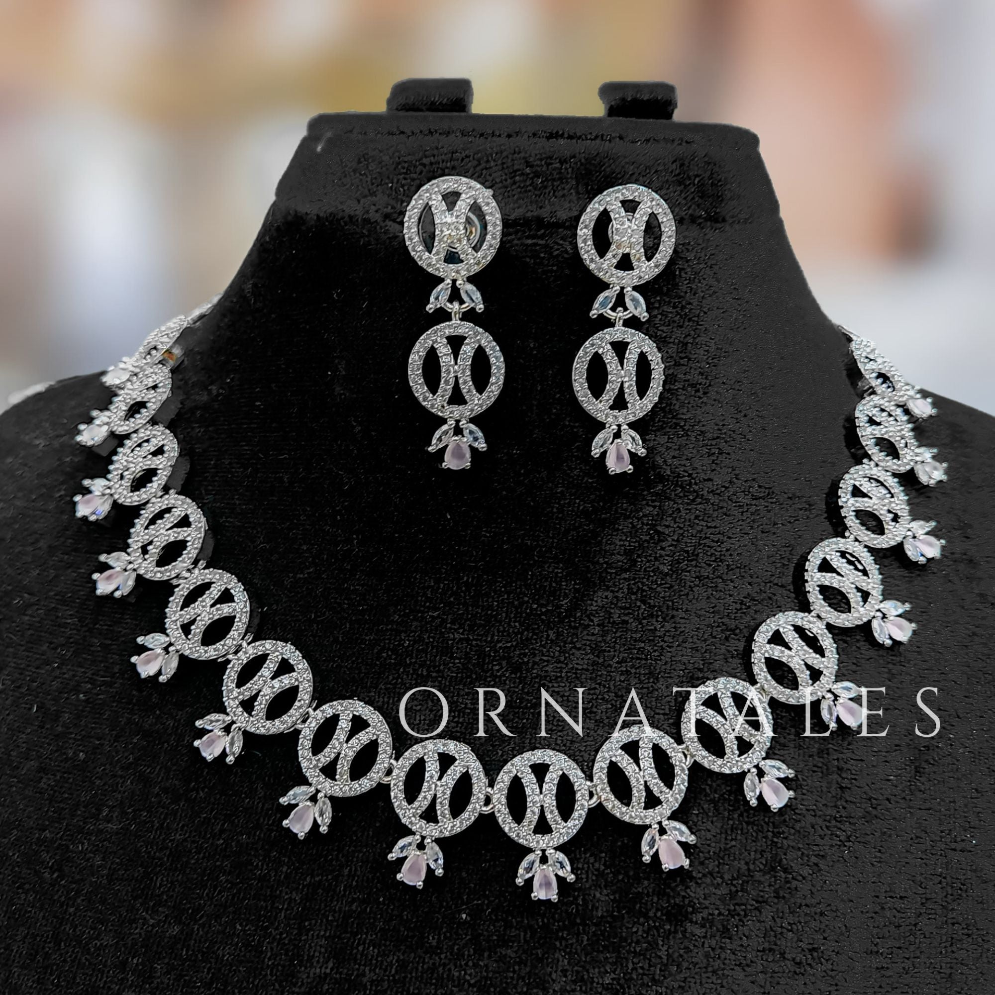 Pink Diamond Cut Necklace Set with interlinked round loops and pink droplet stones – elegant jewellery with matching earrings – Ornatales