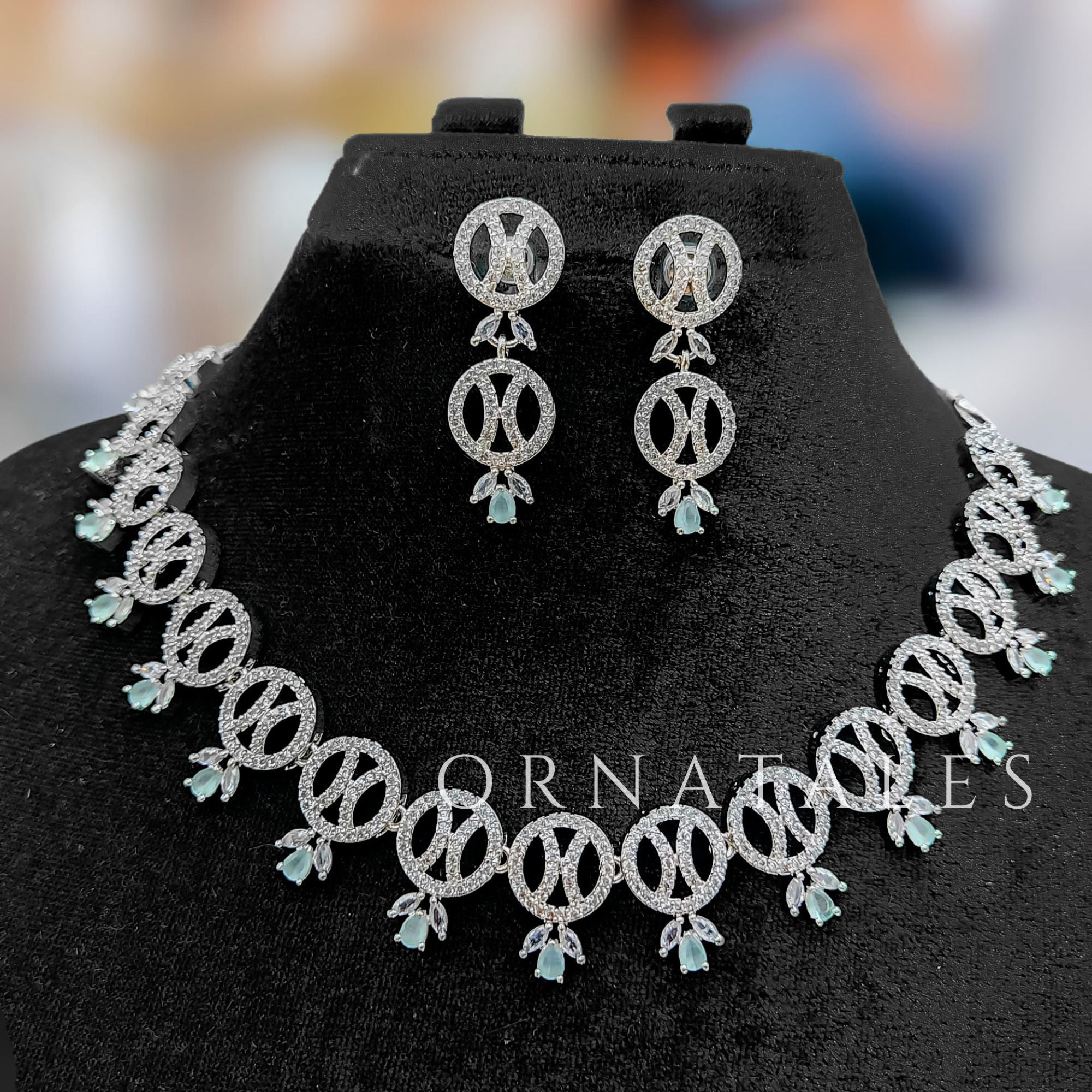 Mint Diamond Cut Necklace Set with interlinked round loops and droplet stones – elegant jewellery with matching earrings – Ornatales