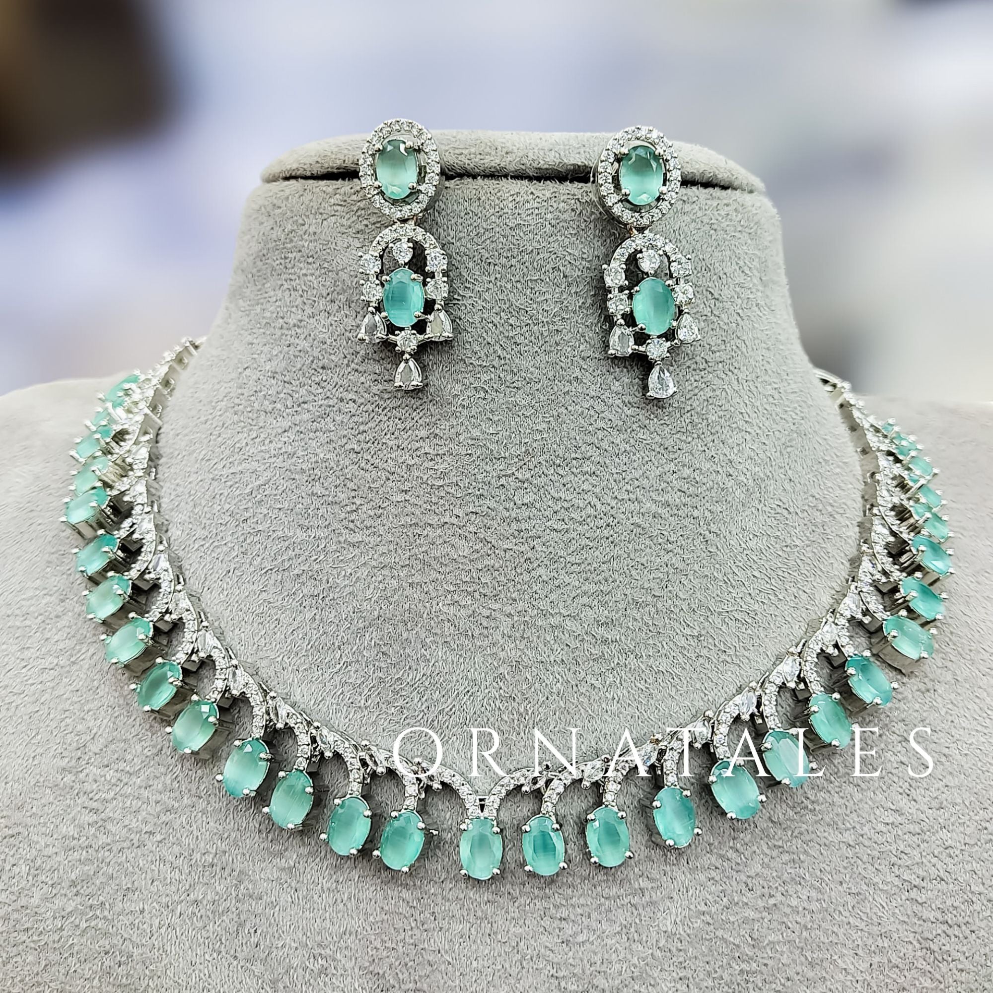 Mint Diamond Cut Necklace Set with linear alternated oval and round stones – matching earrings – Ornatales