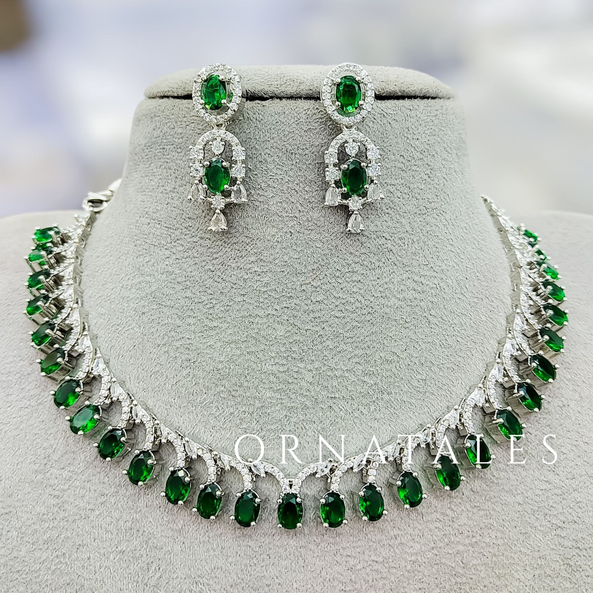 Emerald Green Diamond Cut Necklace Set with linear alternated oval and round stones – matching earrings – Ornatales