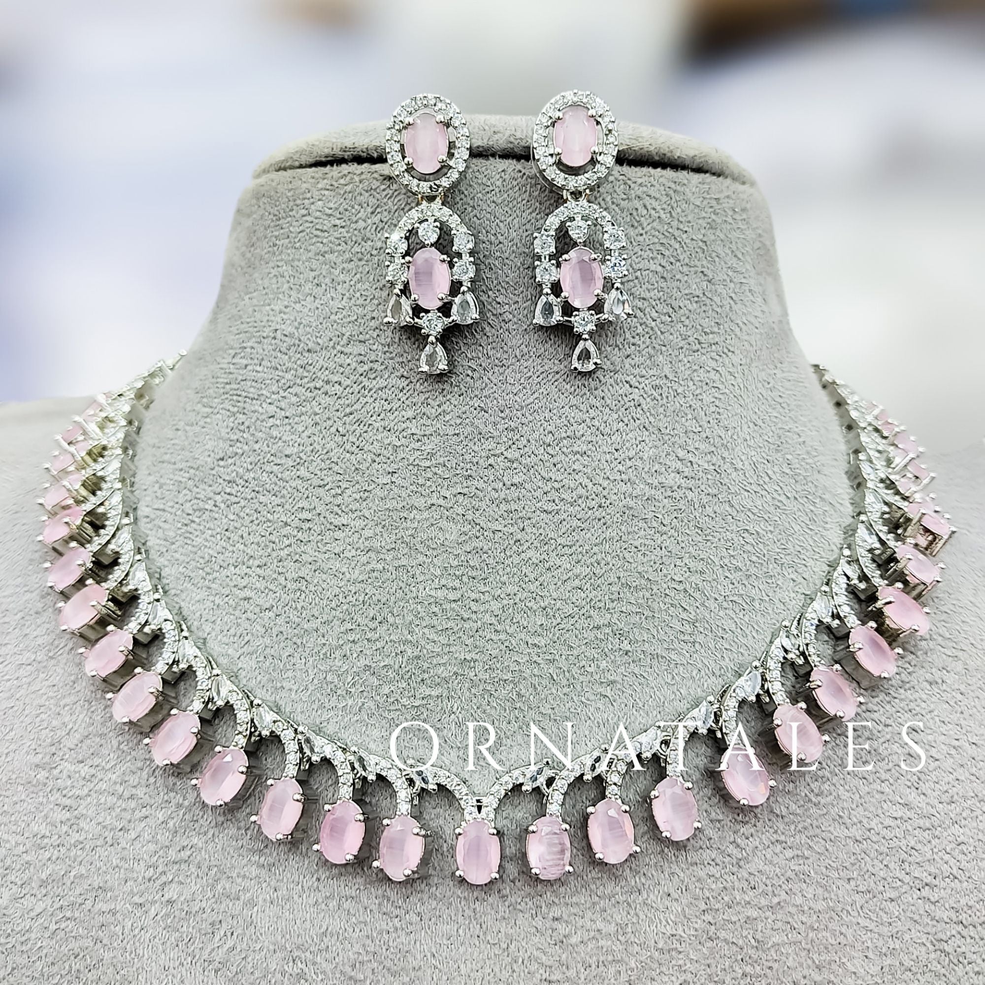 Pink Diamond Cut Necklace Set with linear alternated oval and round stones – matching earrings – Ornatales