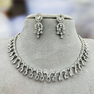 Crystal White Diamond Cut Necklace Set with linear alternated oval and round stones – matching earrings – Ornatales